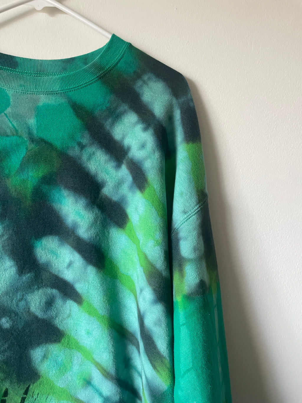 XL Men's Skeleton Peace Sign Handmade Reverse Tie Dye Crewneck | One-Of-a-Kind Upcycled Green and Black Long Sleeve Sweatshirt