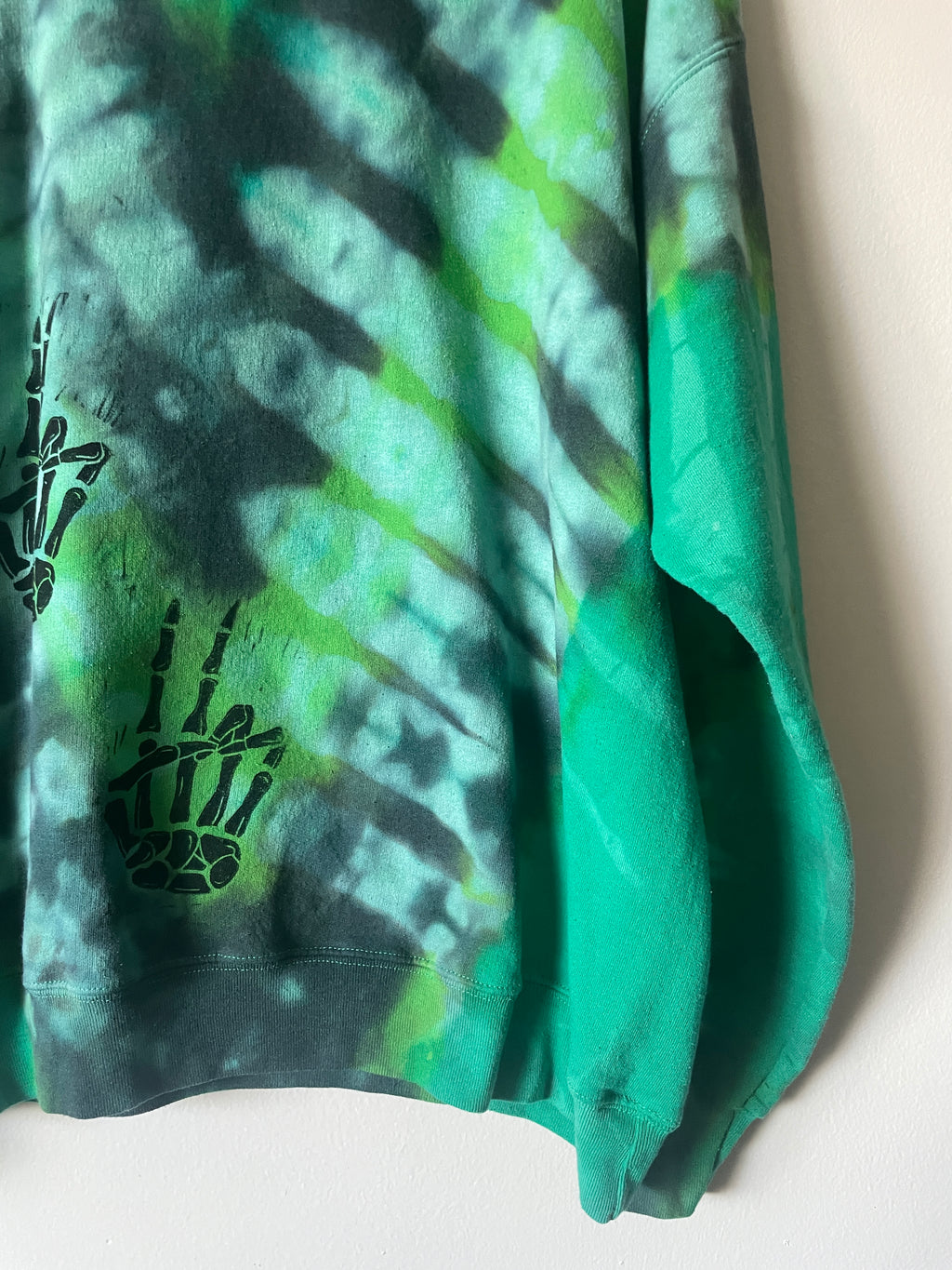 XL Men's Skeleton Peace Sign Handmade Reverse Tie Dye Crewneck | One-Of-a-Kind Upcycled Green and Black Long Sleeve Sweatshirt