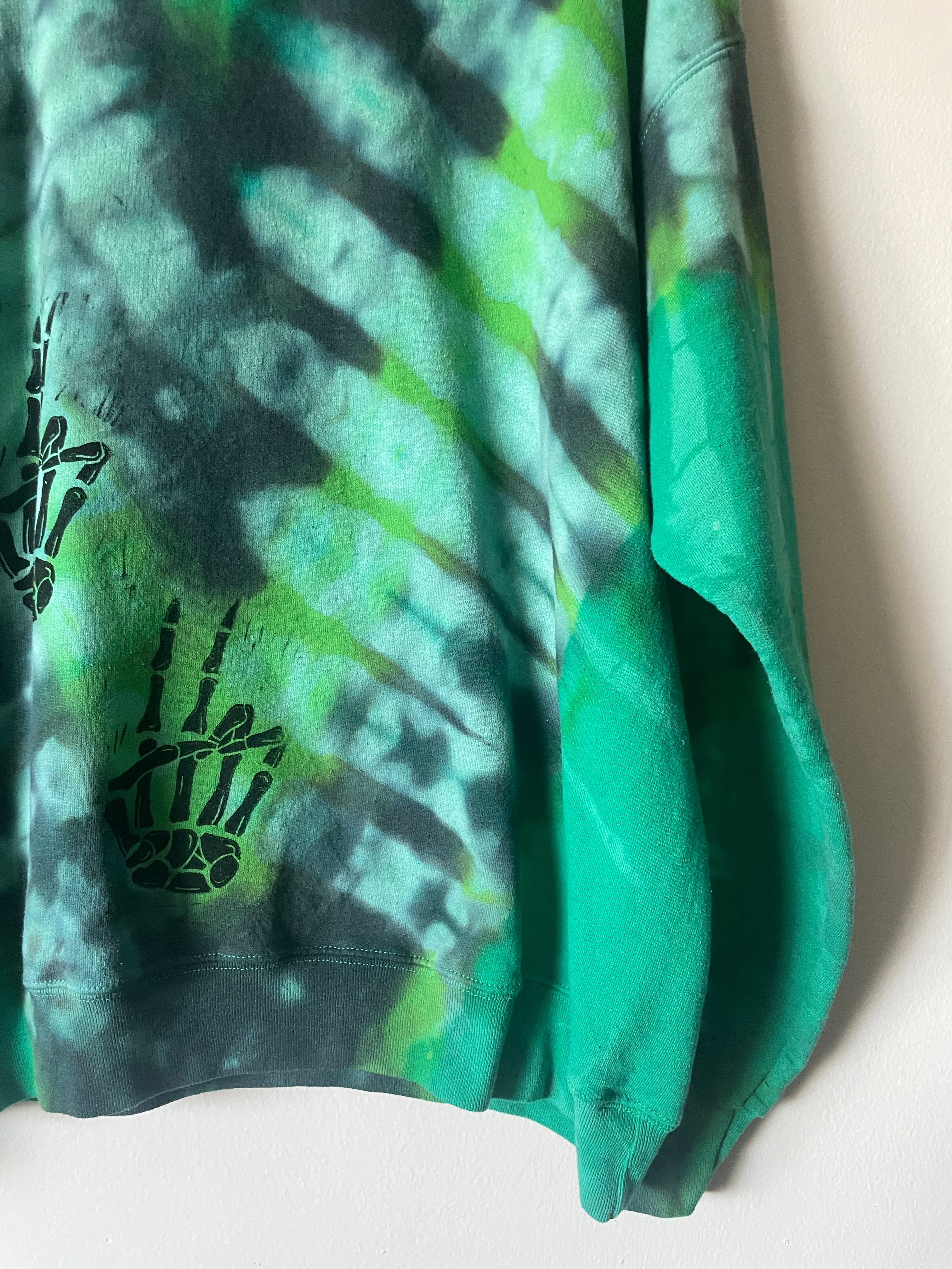 XL Men's Skeleton Peace Sign Handmade Reverse Tie Dye Crewneck | One-Of-a-Kind Upcycled Green and Black Long Sleeve Sweatshirt