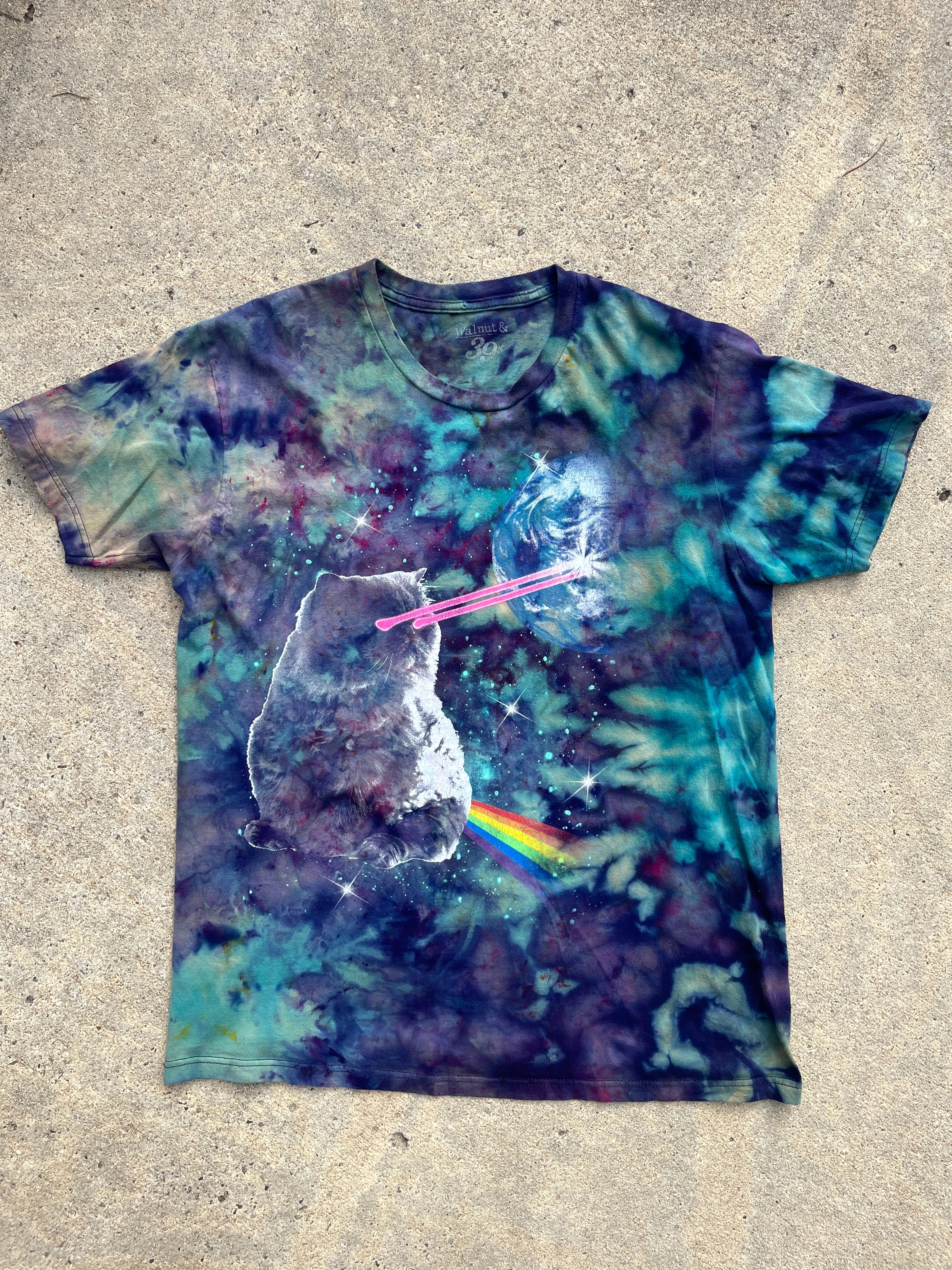 Rainbow Cat Laser Beam Blue and Purple Short Sleeve Galaxy Tie Dye T-Shirt | Men's Large