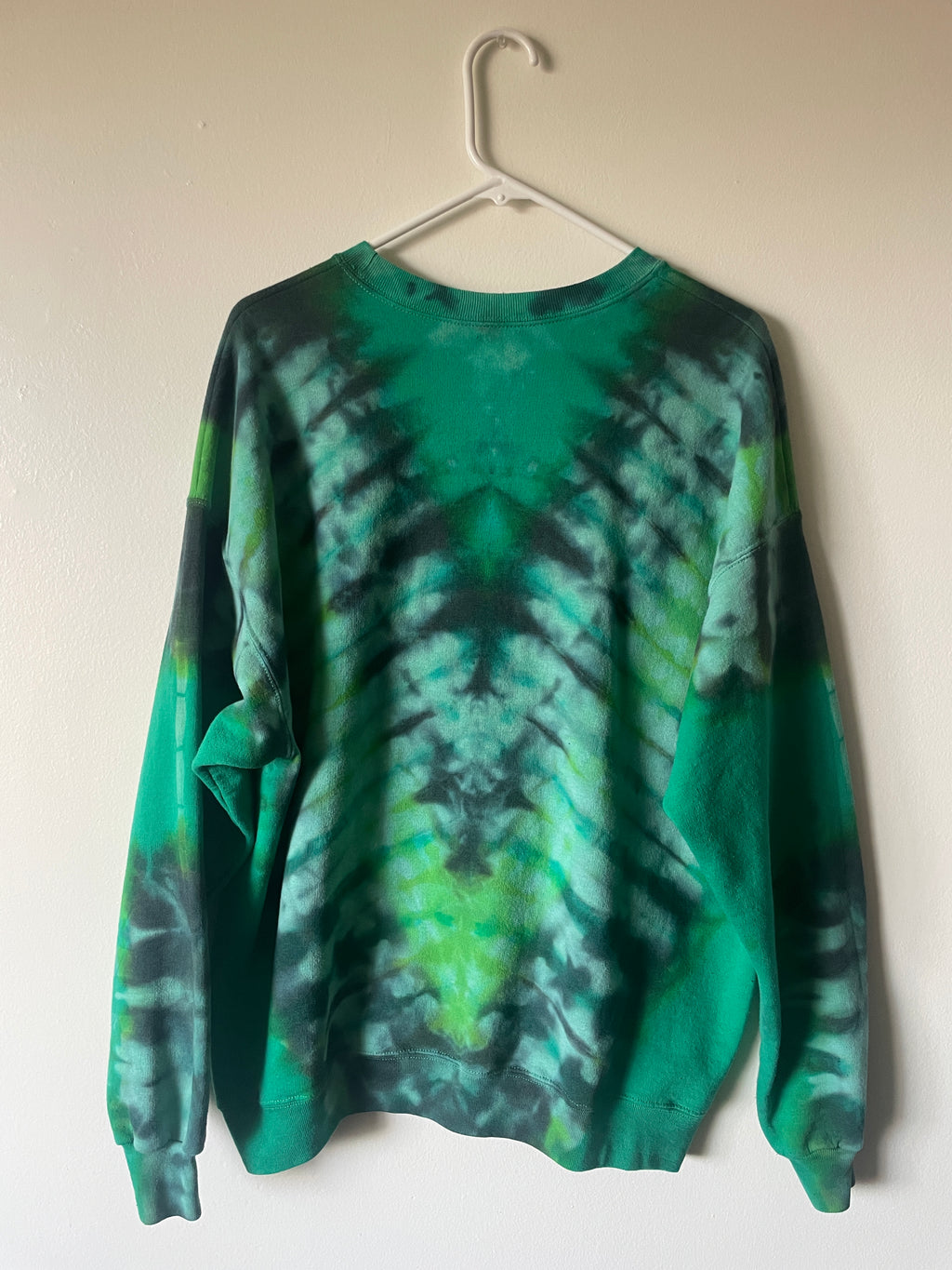XL Men's Skeleton Peace Sign Handmade Reverse Tie Dye Crewneck | One-Of-a-Kind Upcycled Green and Black Long Sleeve Sweatshirt