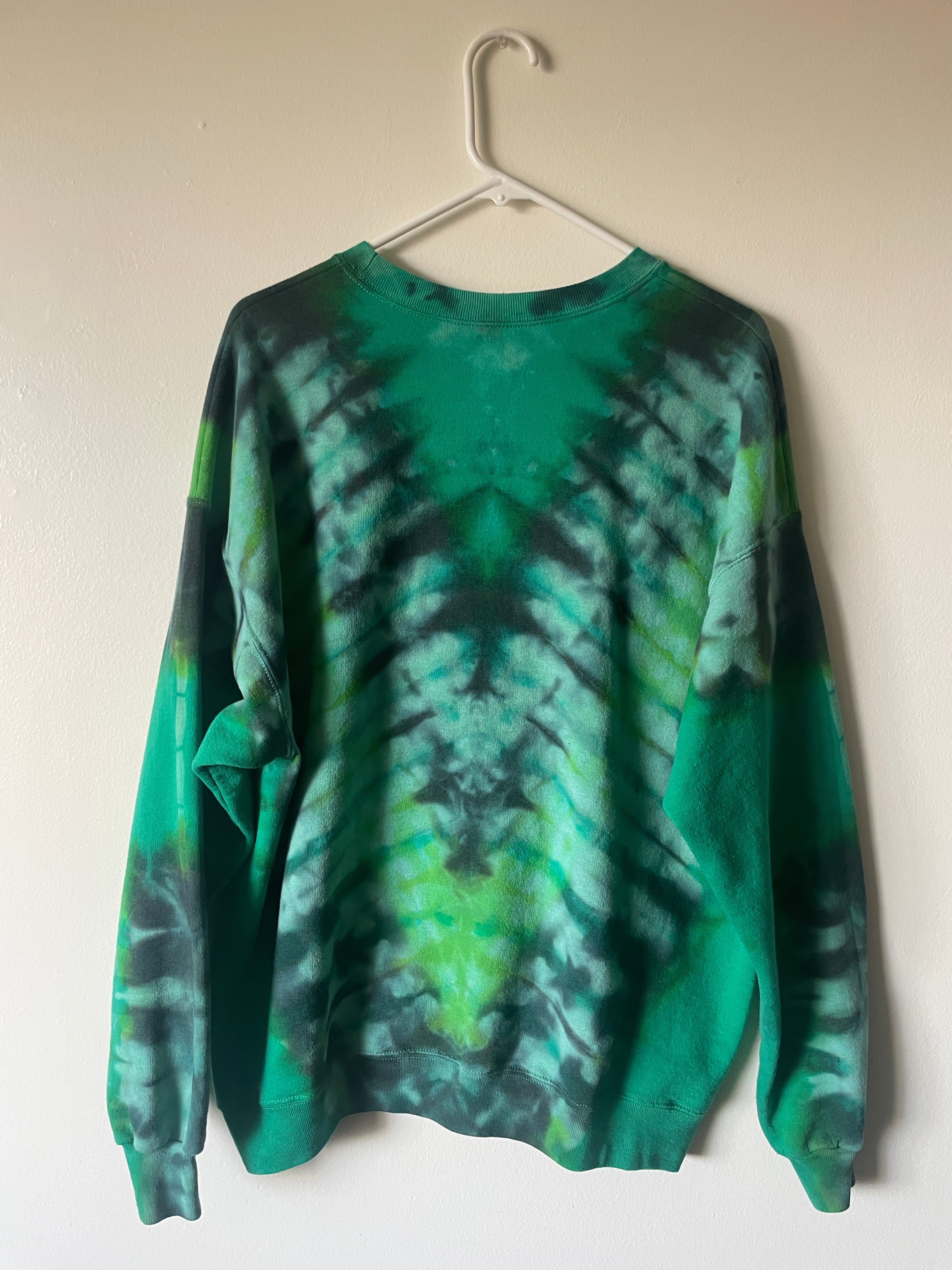 XL Men's Skeleton Peace Sign Handmade Reverse Tie Dye Crewneck | One-Of-a-Kind Upcycled Green and Black Long Sleeve Sweatshirt