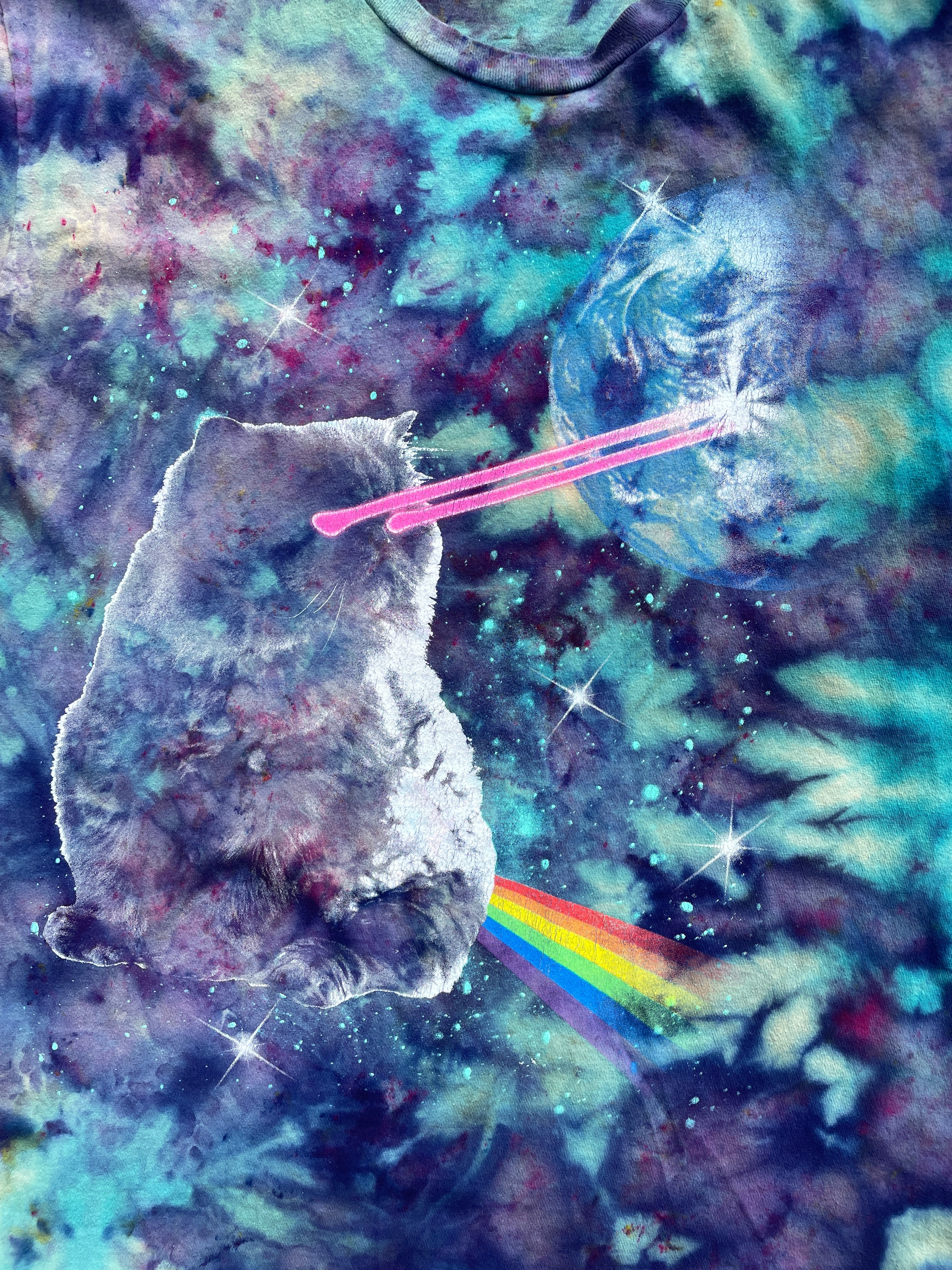 Rainbow Cat Laser Beam Blue and Purple Short Sleeve Galaxy Tie Dye T-Shirt | Men's Large