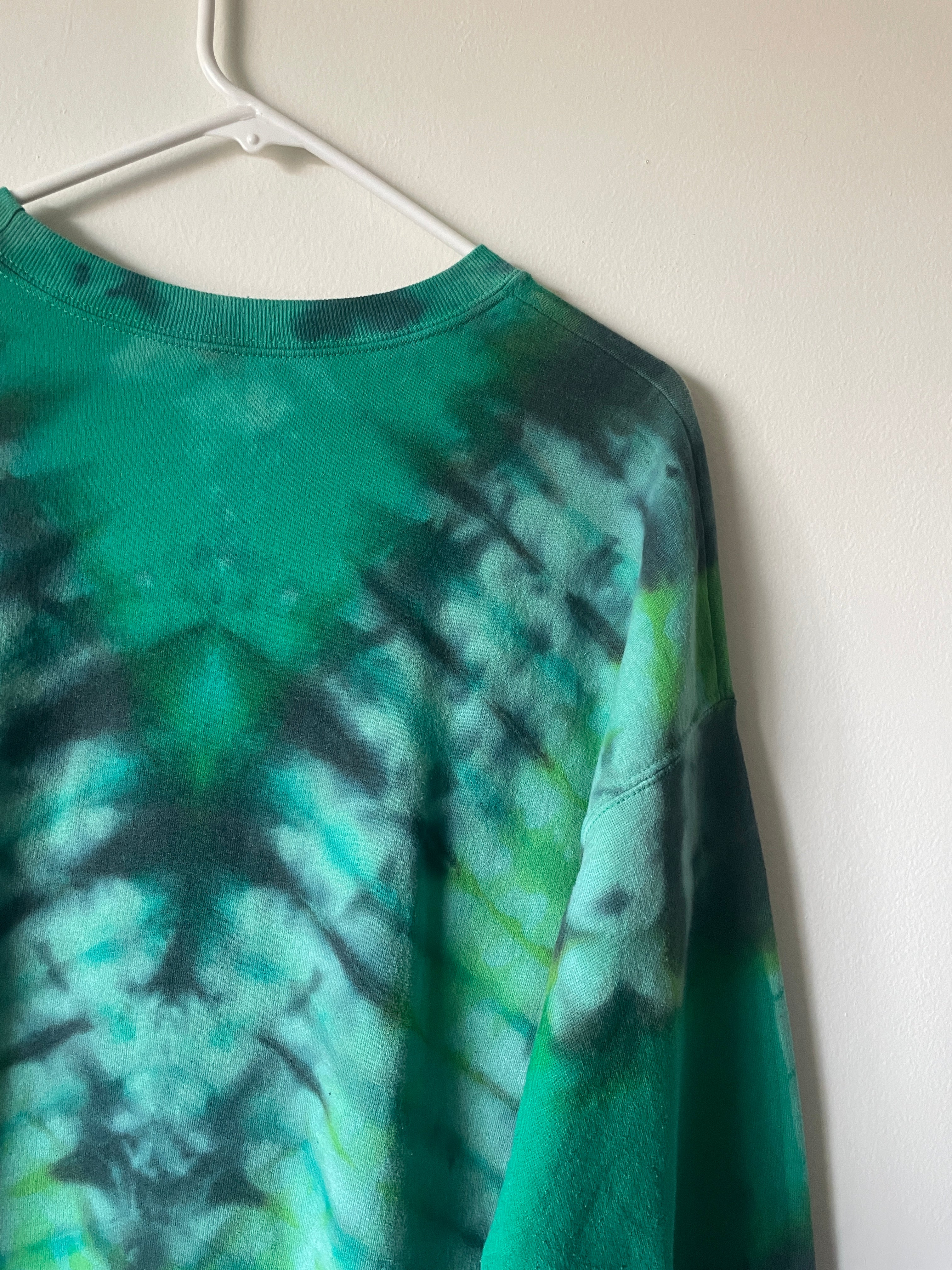 XL Men's Skeleton Peace Sign Handmade Reverse Tie Dye Crewneck | One-Of-a-Kind Upcycled Green and Black Long Sleeve Sweatshirt