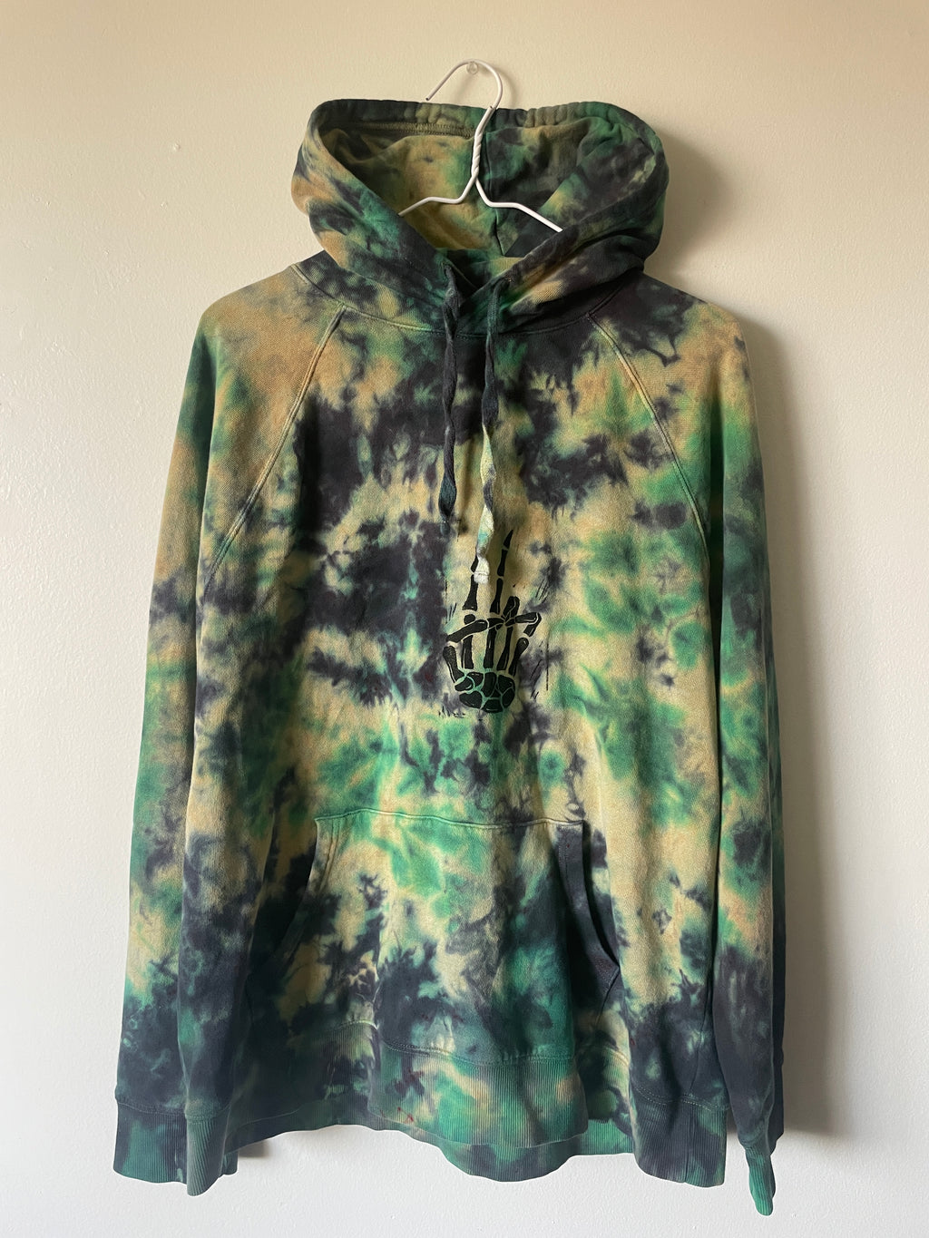 Large Men's Skeleton Peace Sign Handmade Tie Dye Hoodie | One-Of-a-Kind Upcycled Yellow, Green, and Blue Long Sleeve Sweatshirt