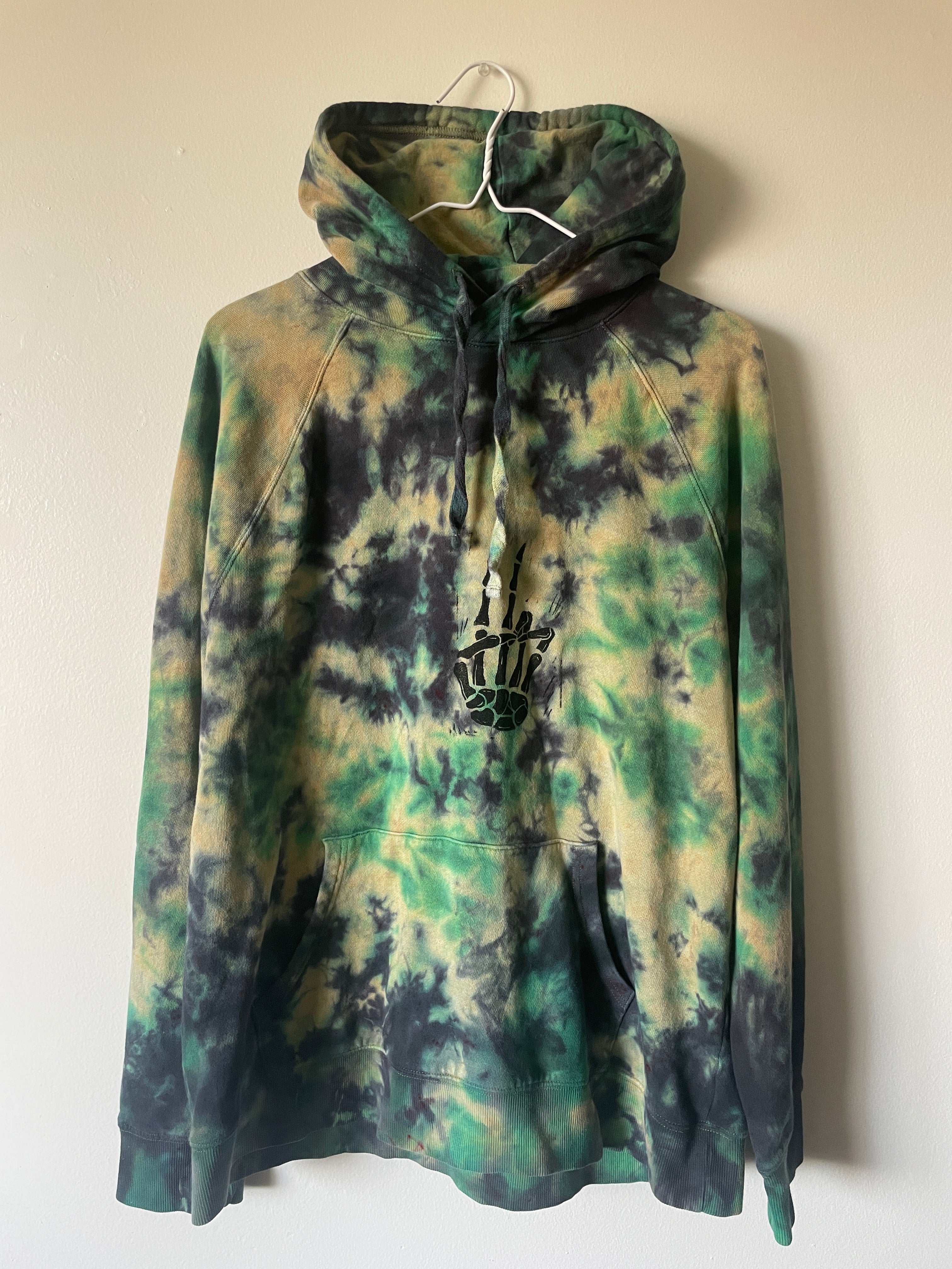 Large Men's Skeleton Peace Sign Handmade Tie Dye Hoodie | One-Of-a-Kind Upcycled Yellow, Green, and Blue Long Sleeve Sweatshirt