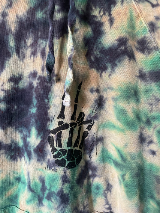 Large Men's Skeleton Peace Sign Handmade Tie Dye Hoodie | One-Of-a-Kind Upcycled Yellow, Green, and Blue Long Sleeve Sweatshirt