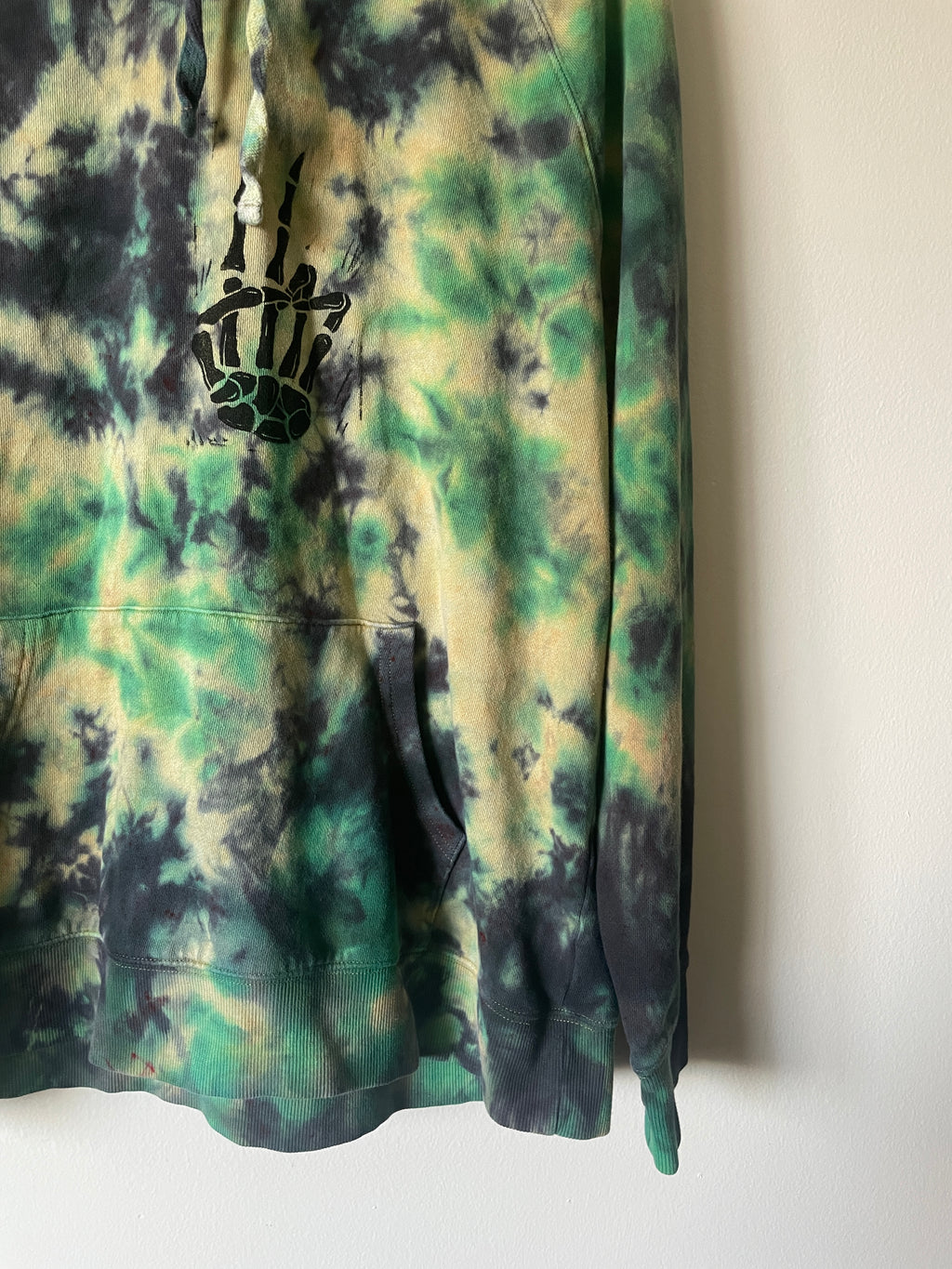 Large Men's Skeleton Peace Sign Handmade Tie Dye Hoodie | One-Of-a-Kind Upcycled Yellow, Green, and Blue Long Sleeve Sweatshirt