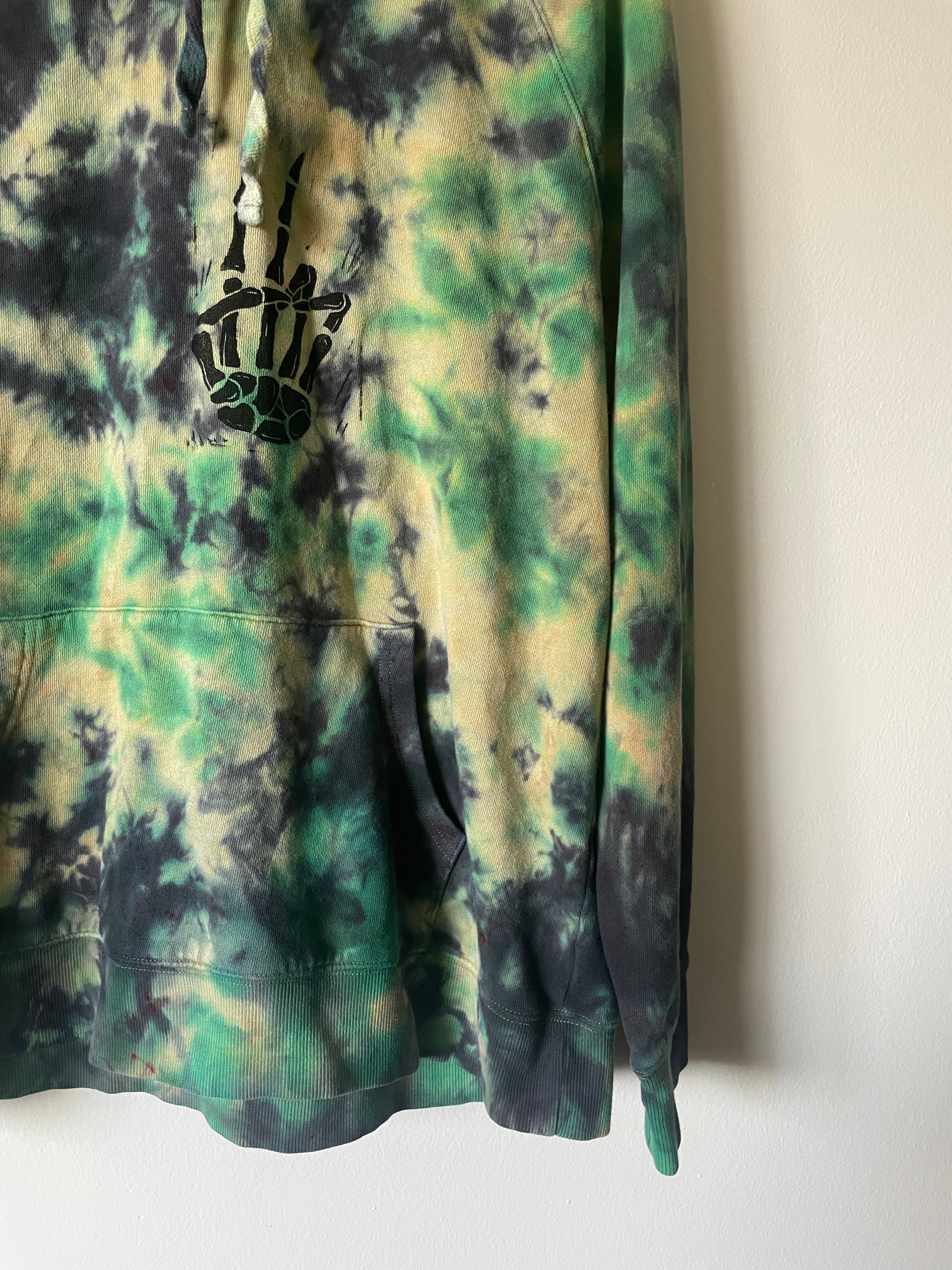 Large Men's Skeleton Peace Sign Handmade Tie Dye Hoodie | One-Of-a-Kind Upcycled Yellow, Green, and Blue Long Sleeve Sweatshirt