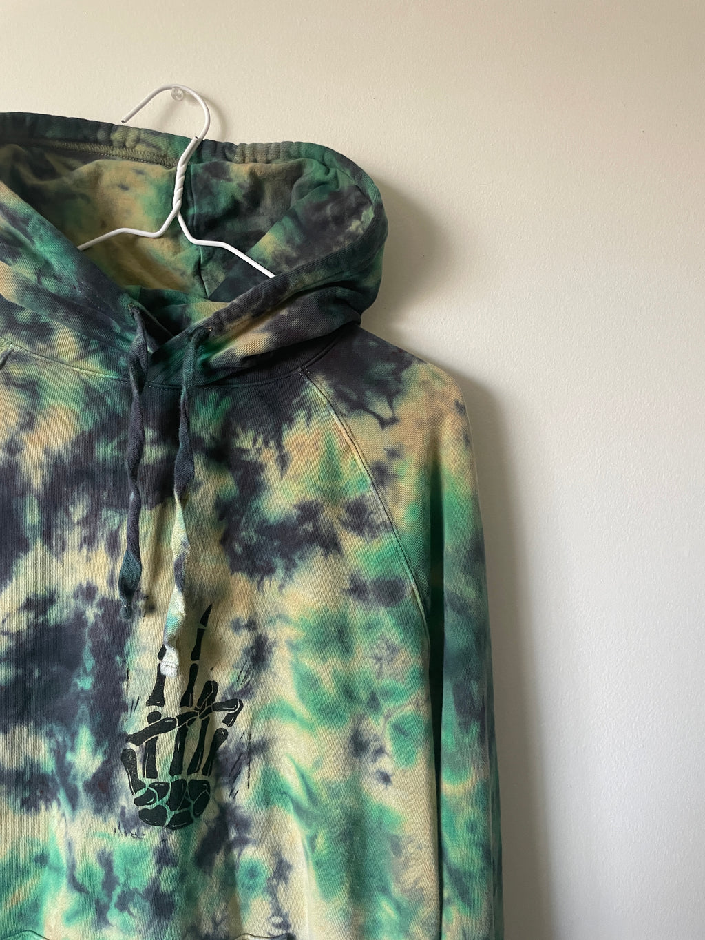 Large Men's Skeleton Peace Sign Handmade Tie Dye Hoodie | One-Of-a-Kind Upcycled Yellow, Green, and Blue Long Sleeve Sweatshirt