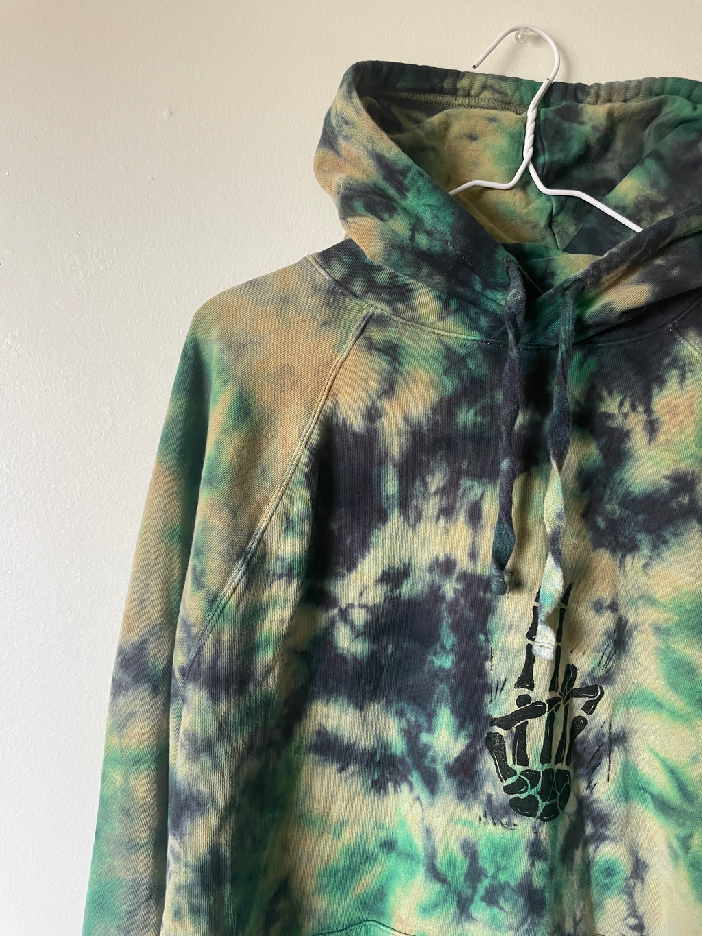 Large Men's Skeleton Peace Sign Handmade Tie Dye Hoodie | One-Of-a-Kind Upcycled Yellow, Green, and Blue Long Sleeve Sweatshirt