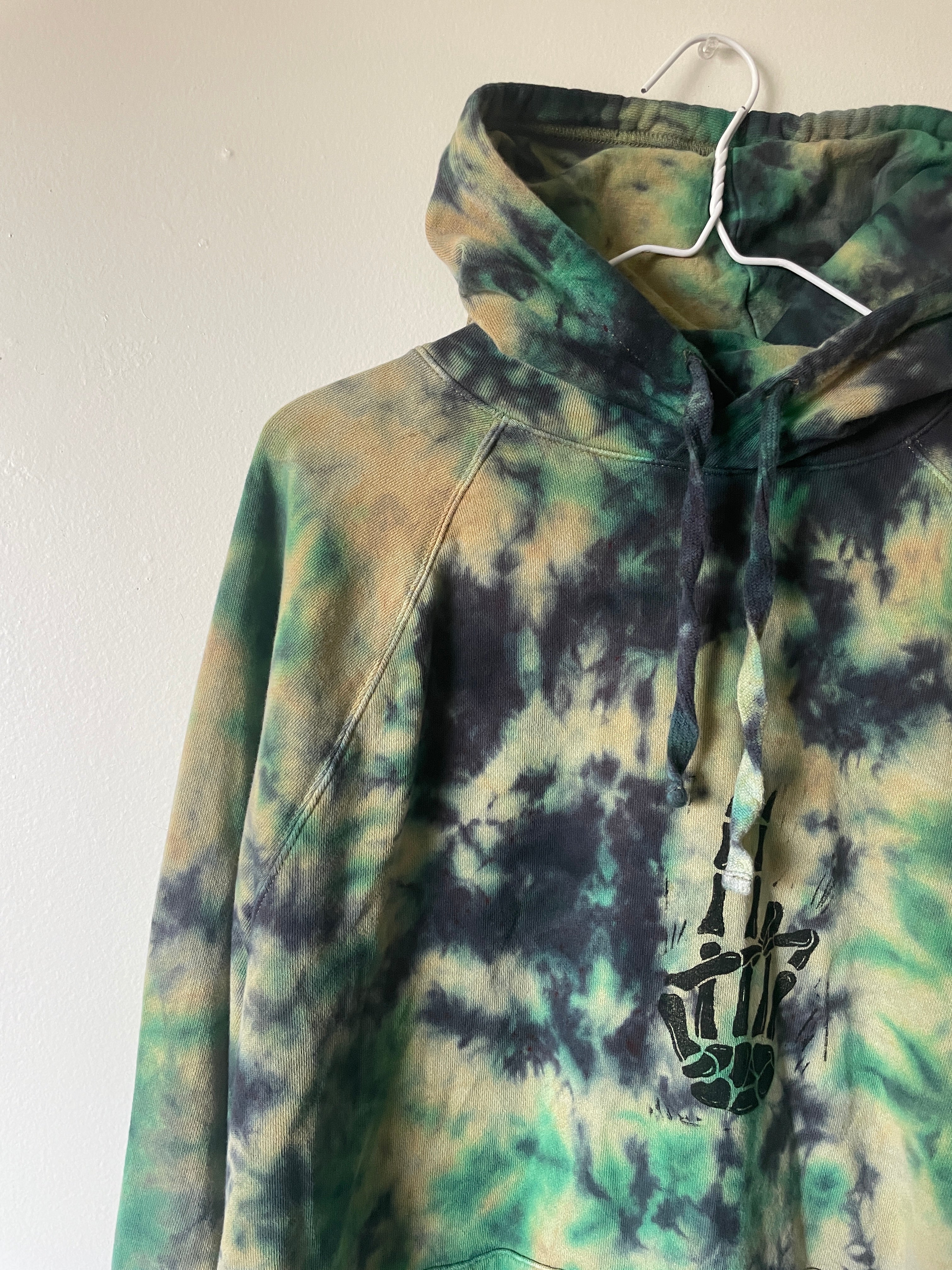 Large Men's Skeleton Peace Sign Handmade Tie Dye Hoodie | One-Of-a-Kind Upcycled Yellow, Green, and Blue Long Sleeve Sweatshirt
