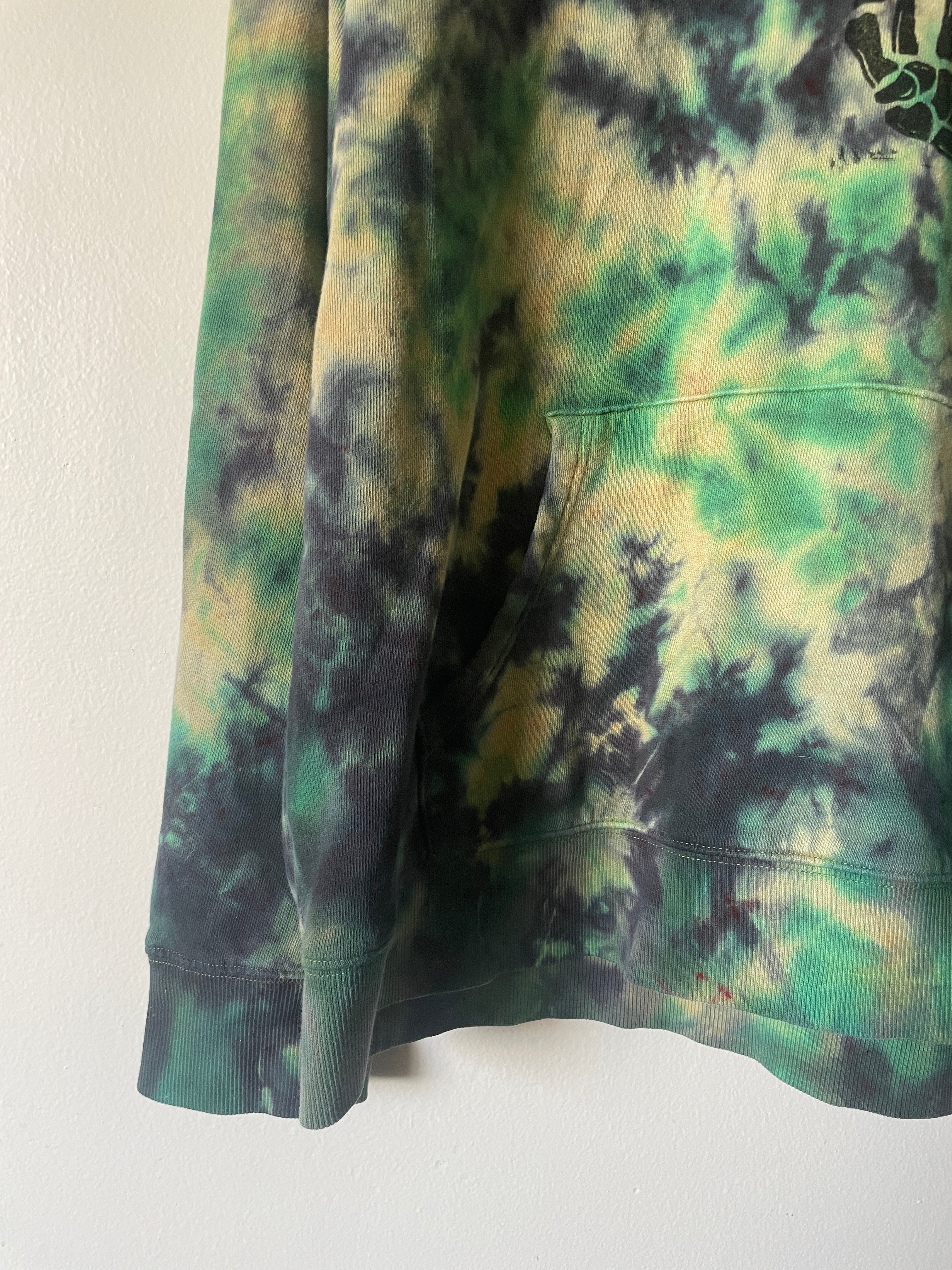 Large Men's Skeleton Peace Sign Handmade Tie Dye Hoodie | One-Of-a-Kind Upcycled Yellow, Green, and Blue Long Sleeve Sweatshirt