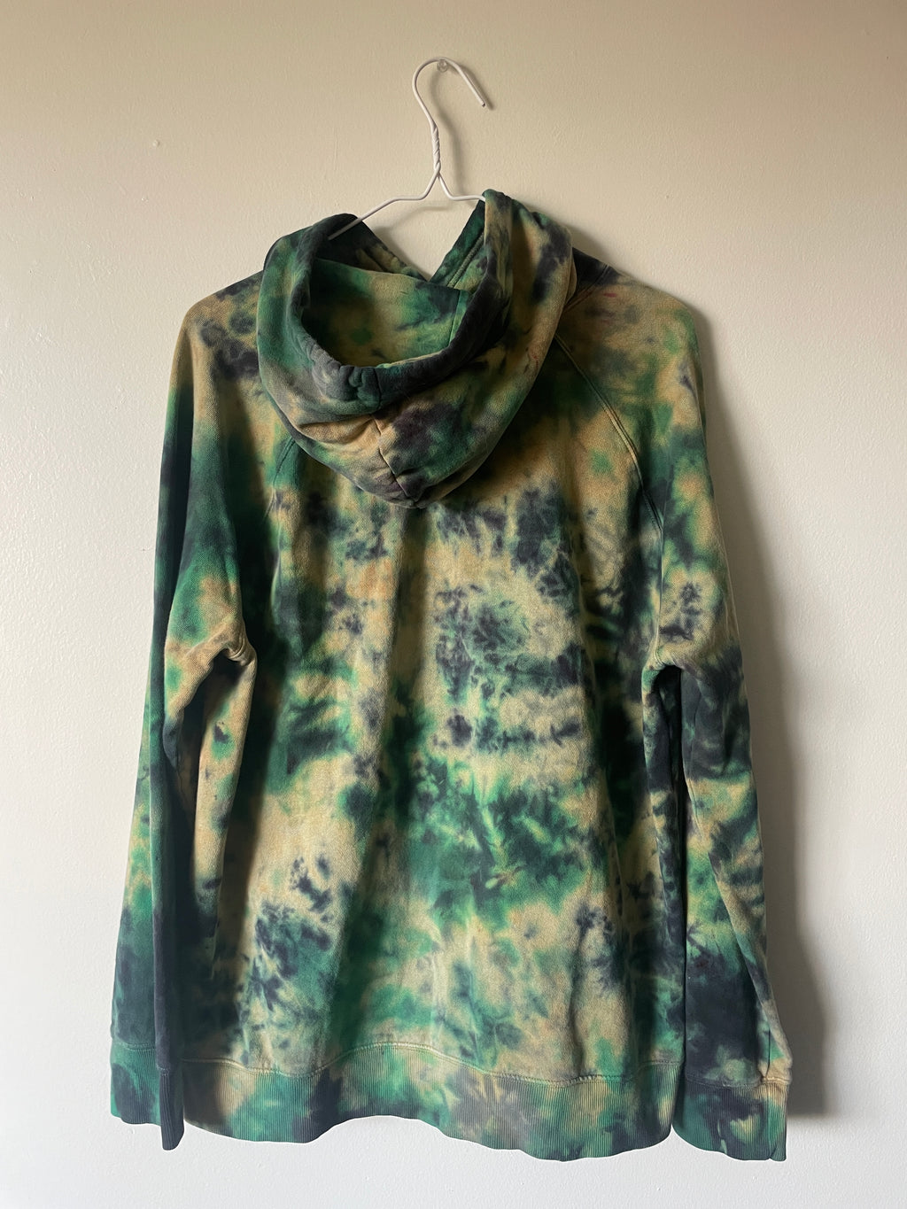 Large Men's Skeleton Peace Sign Handmade Tie Dye Hoodie | One-Of-a-Kind Upcycled Yellow, Green, and Blue Long Sleeve Sweatshirt