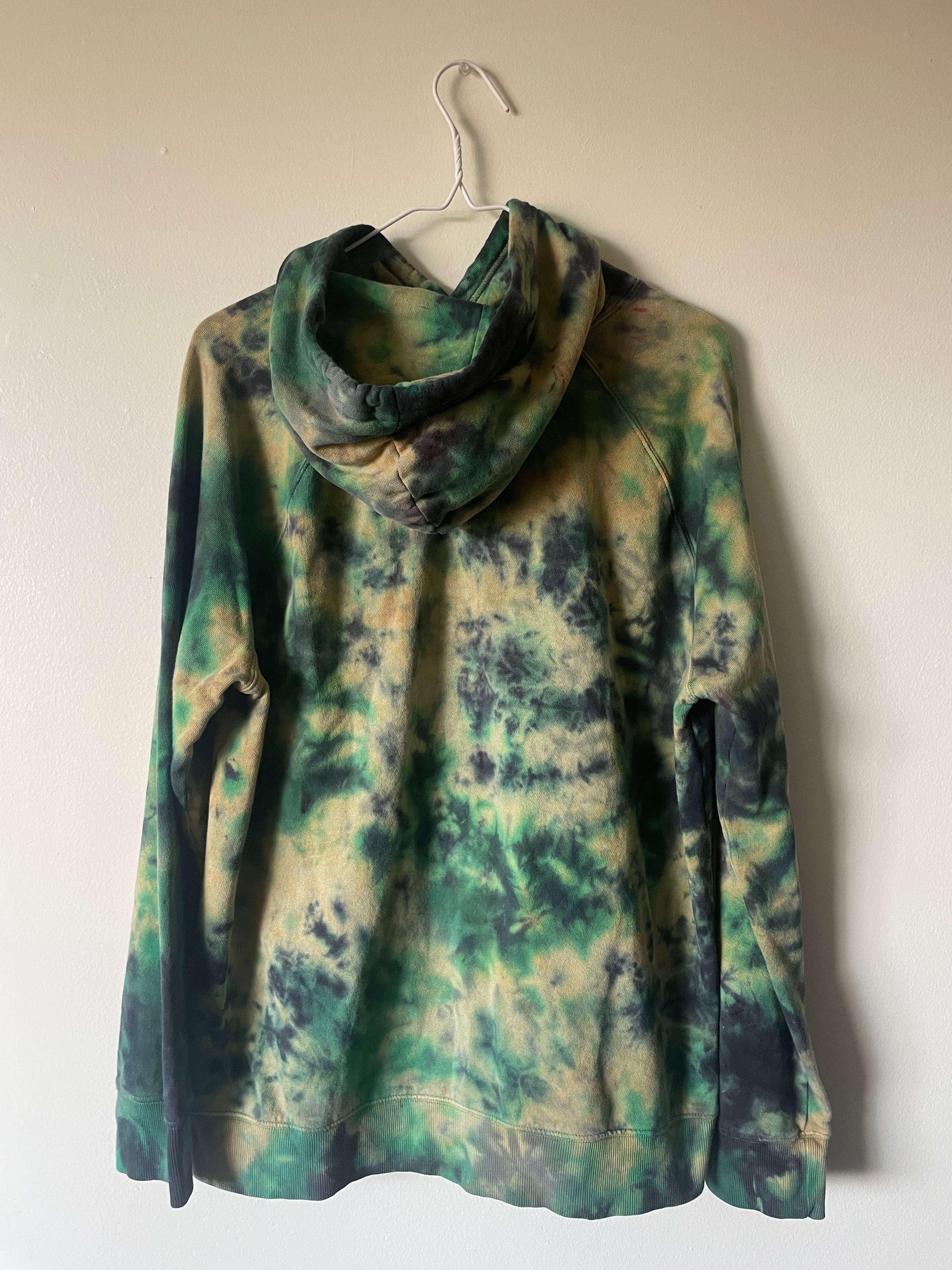 Large Men's Skeleton Peace Sign Handmade Tie Dye Hoodie | One-Of-a-Kind Upcycled Yellow, Green, and Blue Long Sleeve Sweatshirt