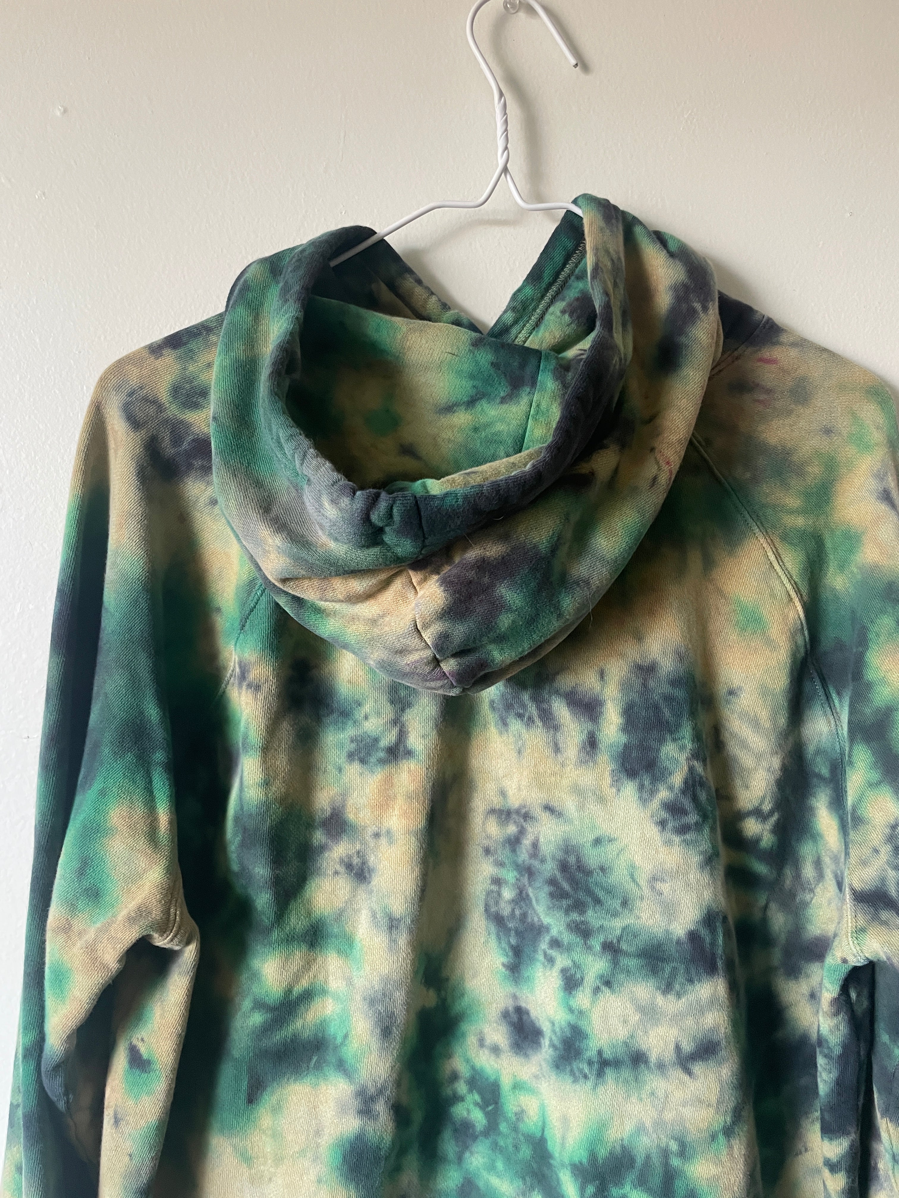 Large Men's Skeleton Peace Sign Handmade Tie Dye Hoodie | One-Of-a-Kind Upcycled Yellow, Green, and Blue Long Sleeve Sweatshirt