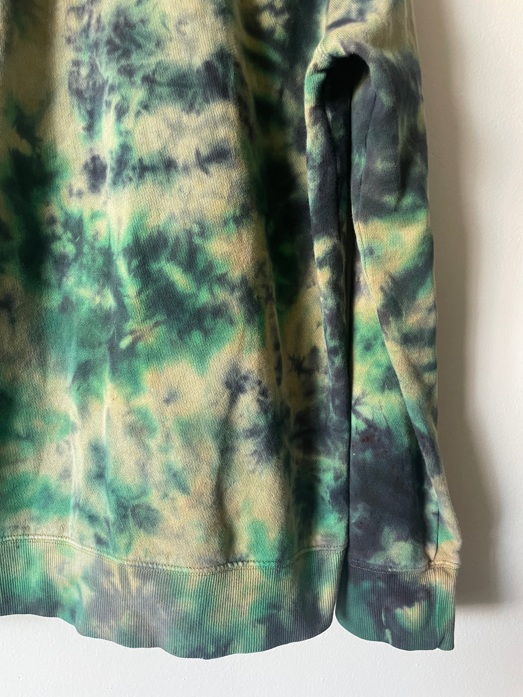 Large Men's Skeleton Peace Sign Handmade Tie Dye Hoodie | One-Of-a-Kind Upcycled Yellow, Green, and Blue Long Sleeve Sweatshirt