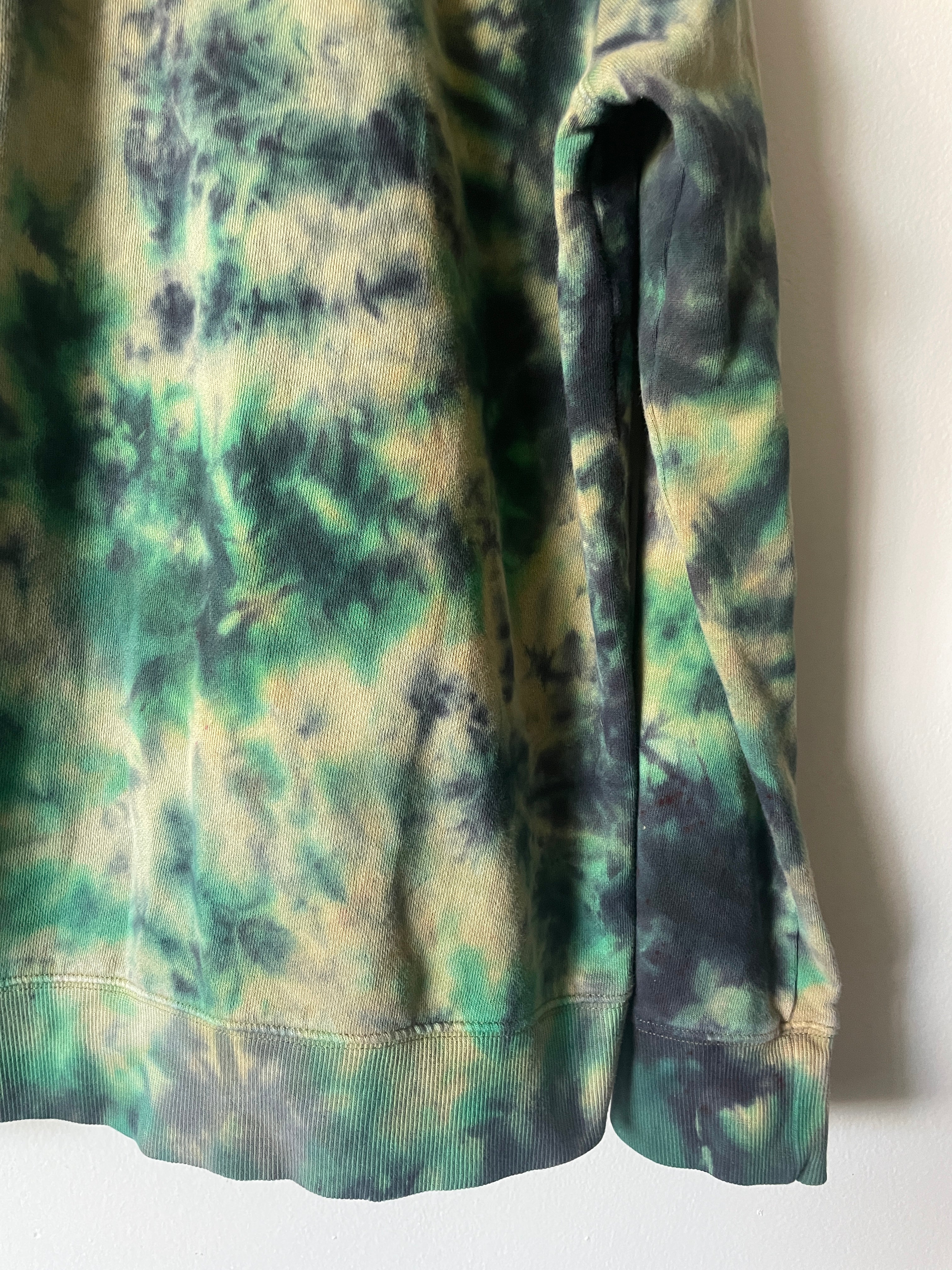 Large Men's Skeleton Peace Sign Handmade Tie Dye Hoodie | One-Of-a-Kind Upcycled Yellow, Green, and Blue Long Sleeve Sweatshirt