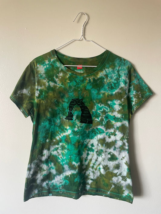 Large Women's Delicate Arch Handmade Tie Dye T-Shirt | One-Of-a-Kind Upcycled Green and Black Short Sleeve Shirt