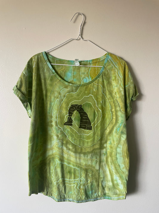 Large Women's Delicate Arch Handmade Geode Tie Dye T-Shirt | One-Of-a-Kind Upcycled Green and White Short Sleeve Shirt