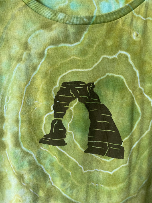 Large Women's Delicate Arch Handmade Geode Tie Dye T-Shirt | One-Of-a-Kind Upcycled Green and White Short Sleeve Shirt