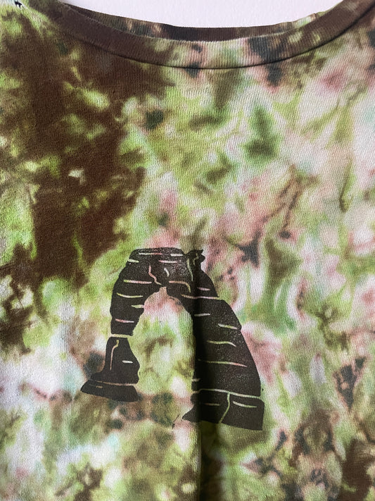 XL Men's Delicate Arch Handmade Reverse Tie Dye T-Shirt | One-Of-a-Kind Upcycled Green and Brown Long Sleeve Shirt
