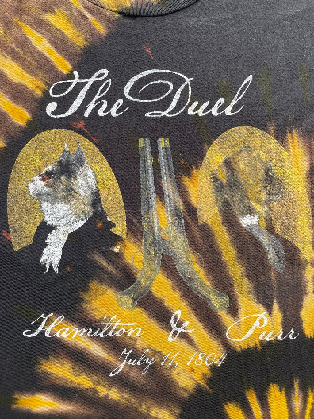 The Duel: Hamilton & Purr Black and Yellow Spiral Short Sleeve Bleached Dye T-Shirt | Men's XL Cat Pun Shirt