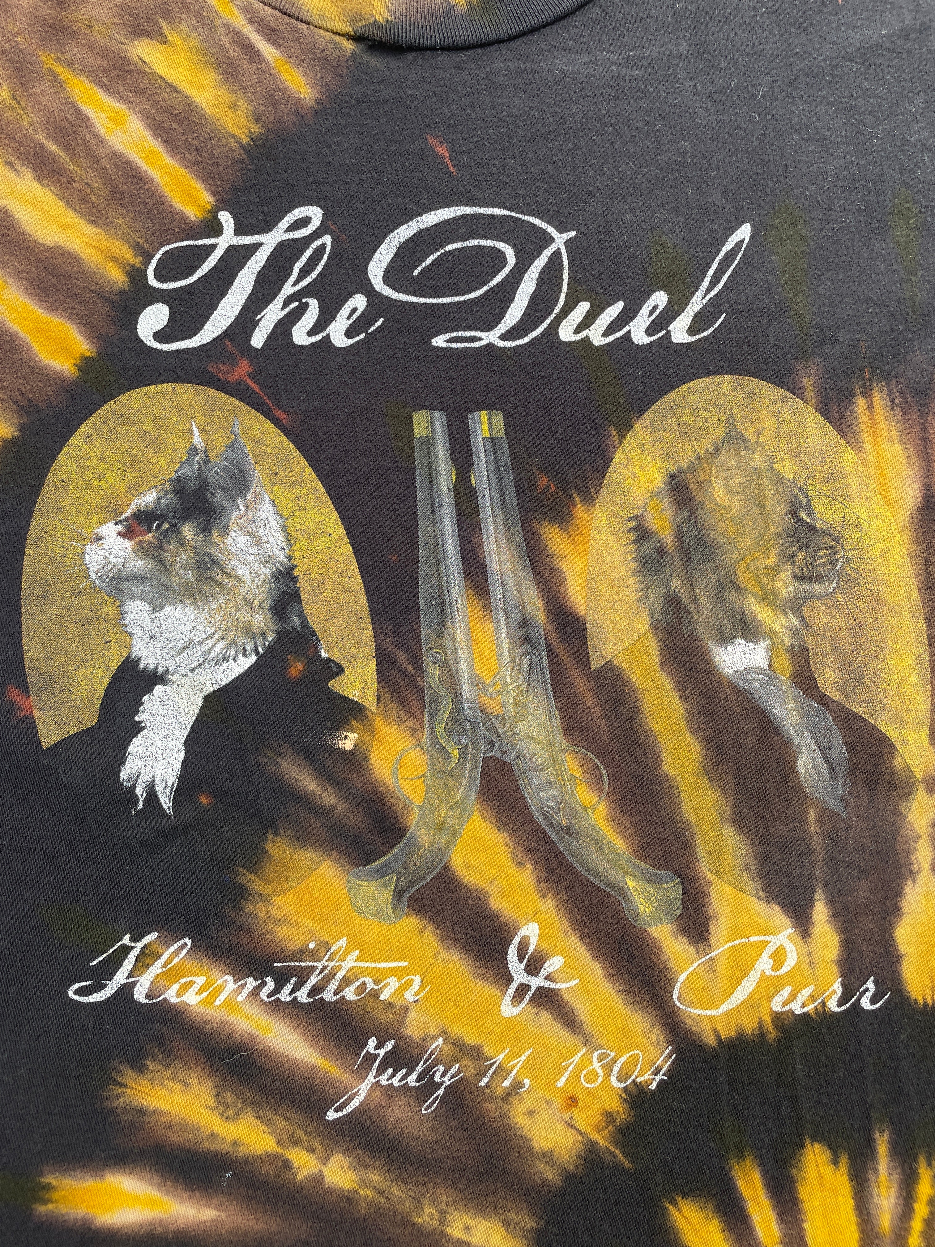 The Duel: Hamilton & Purr Black and Yellow Spiral Short Sleeve Bleached Dye T-Shirt | Men's XL Cat Pun Shirt