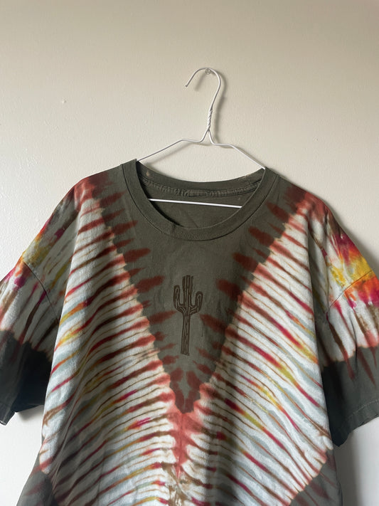 2/3XL Men's Saguaro Cactus Handmade Reverse Tie Dye T-Shirt | One-Of-a-Kind Upcycled Brown and Orange Short Sleeve Shirt