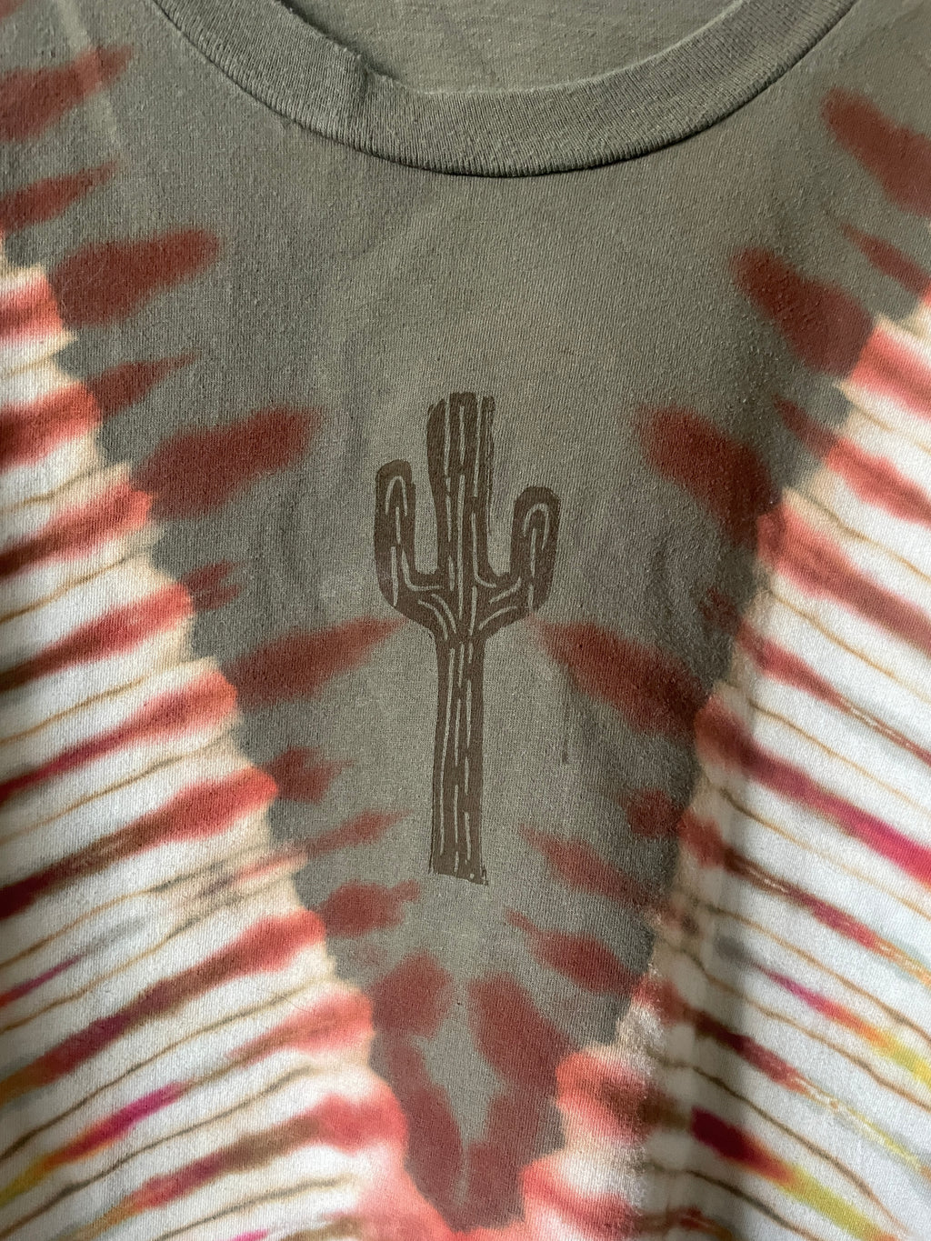 2/3XL Men's Saguaro Cactus Handmade Reverse Tie Dye T-Shirt | One-Of-a-Kind Upcycled Brown and Orange Short Sleeve Shirt