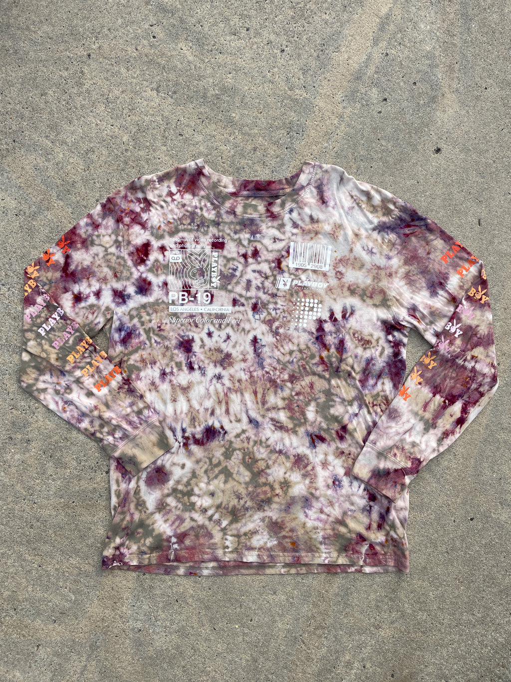 Playboy X PacSun Tan and Pink Long Sleeve Bleach Dyed T-Shirt | Men's XL