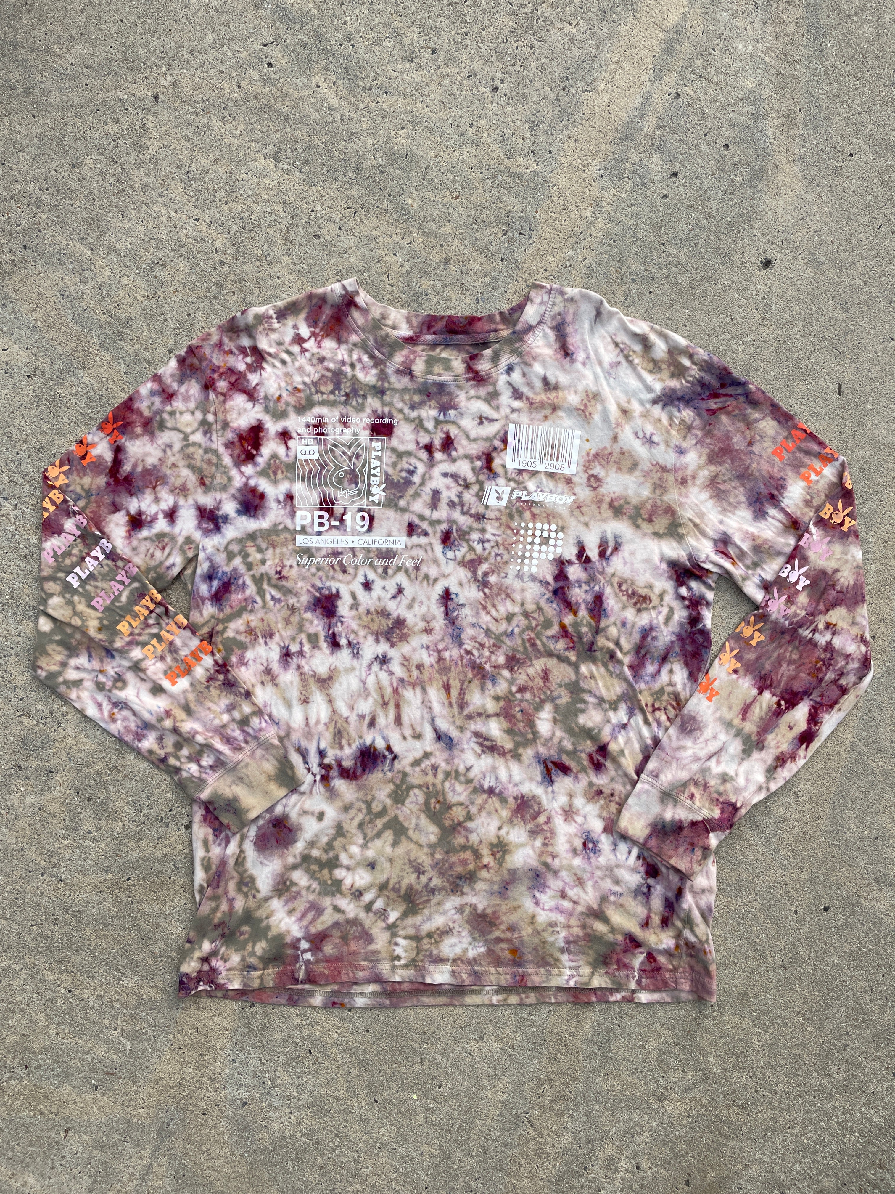 Playboy X PacSun Tan and Pink Long Sleeve Bleach Dyed T-Shirt | Men's XL