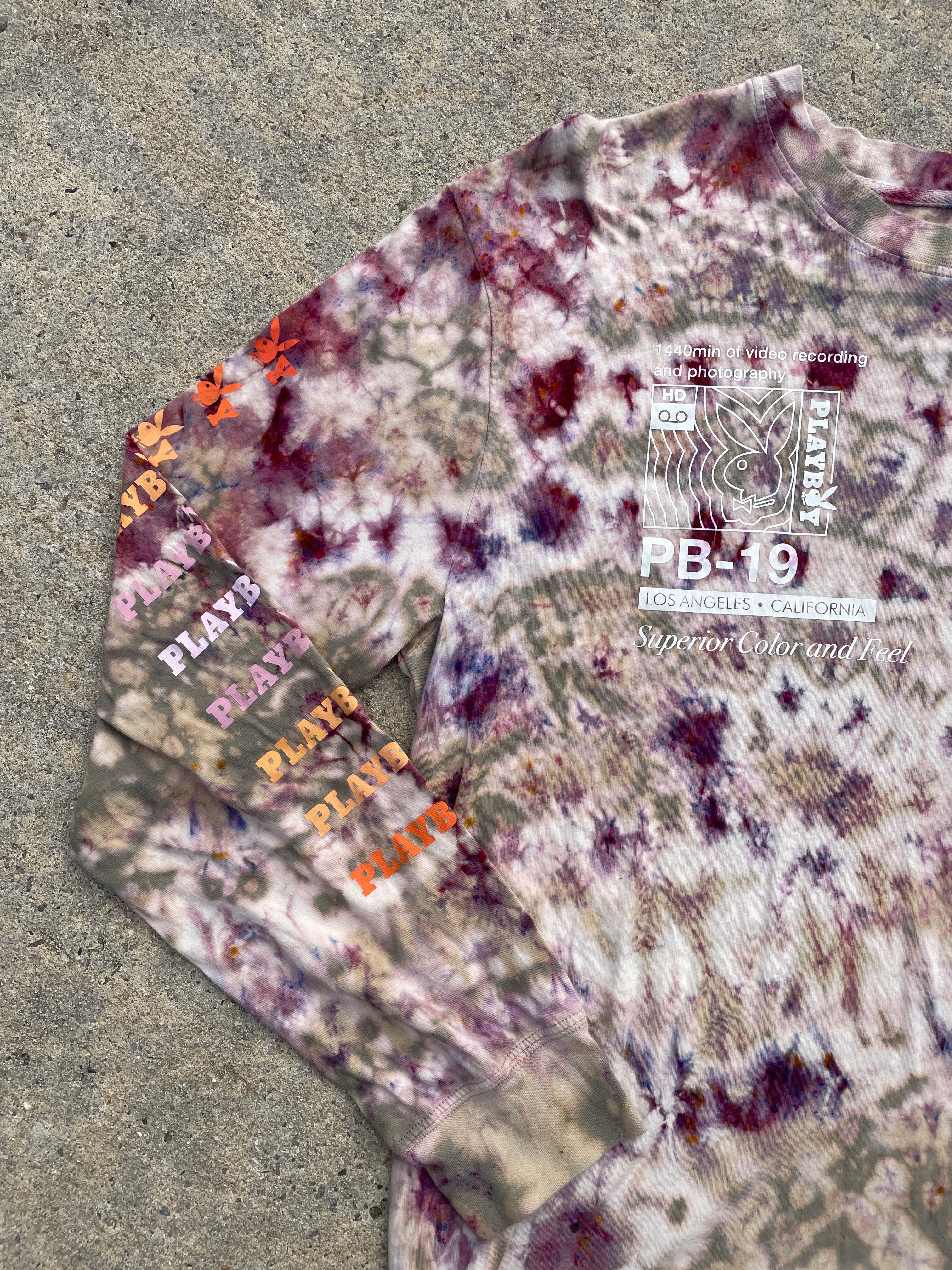 Playboy X PacSun Tan and Pink Long Sleeve Bleach Dyed T-Shirt | Men's XL