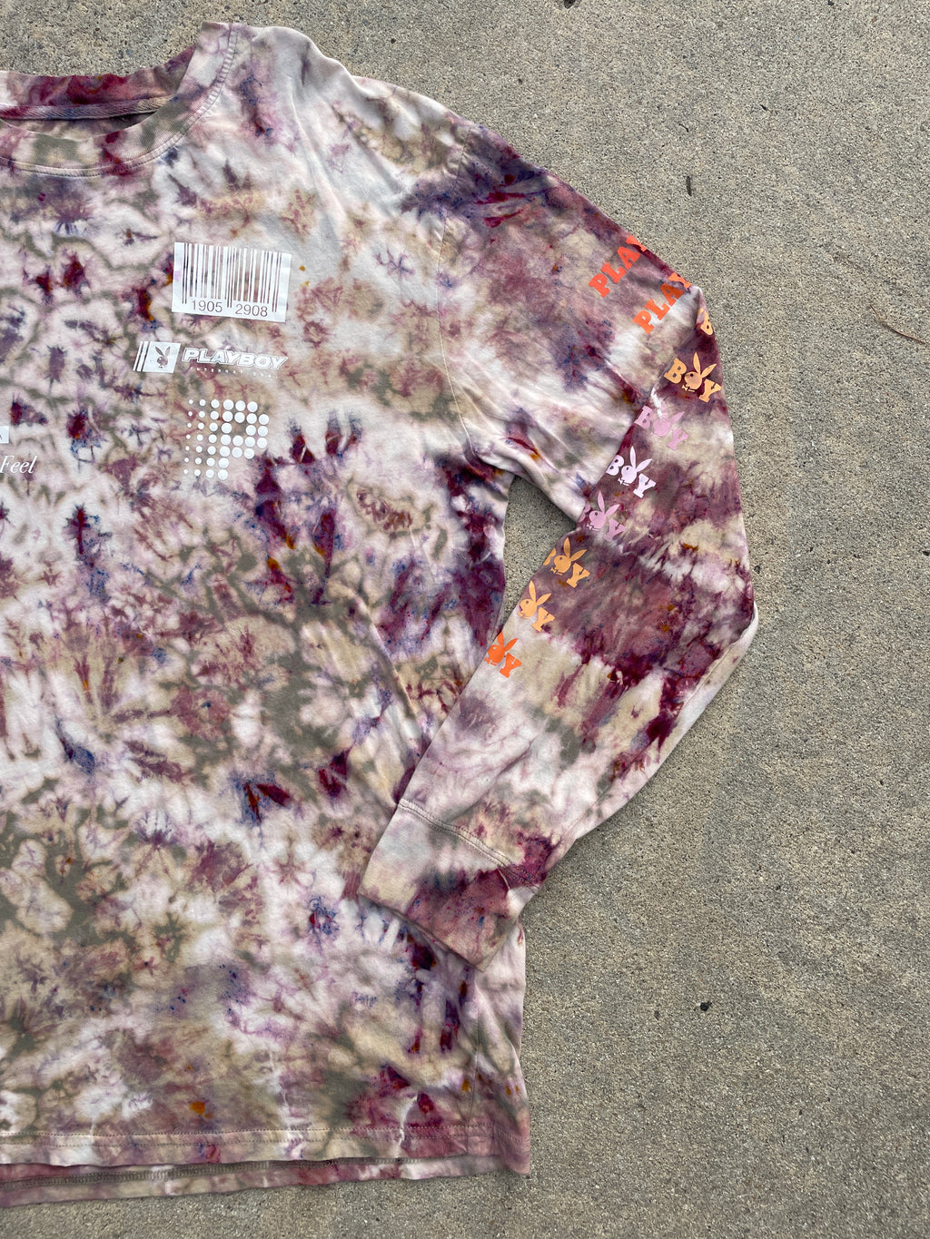 Playboy X PacSun Tan and Pink Long Sleeve Bleach Dyed T-Shirt | Men's XL