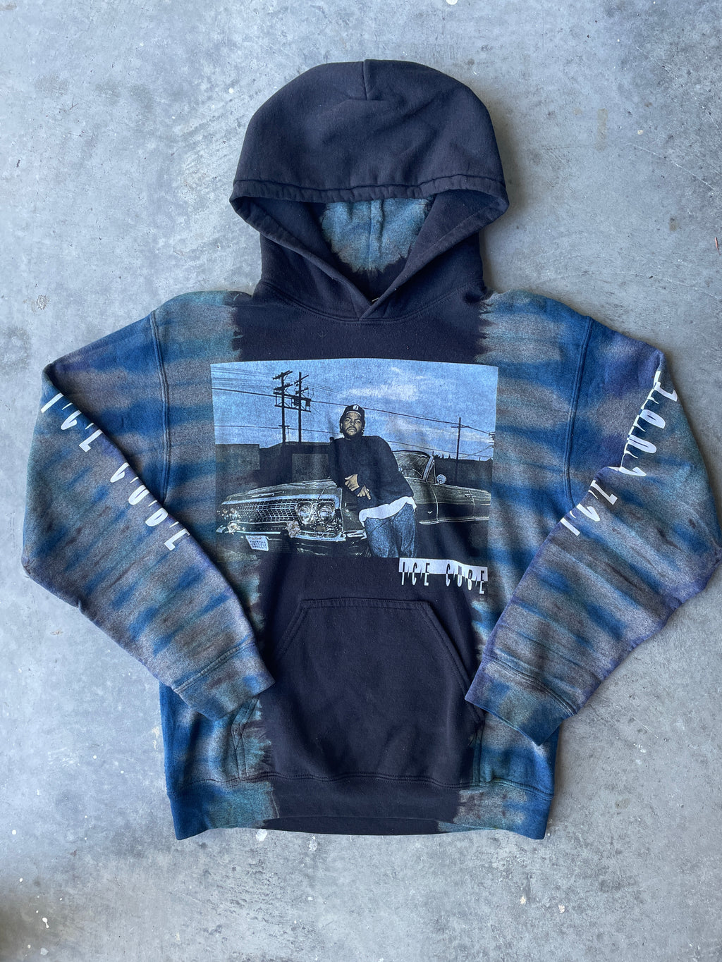 Ice Cube Reverse Tie Dye Hoodie | One-of-a-Kind Black and Blue Sweatshirt | Men's Small