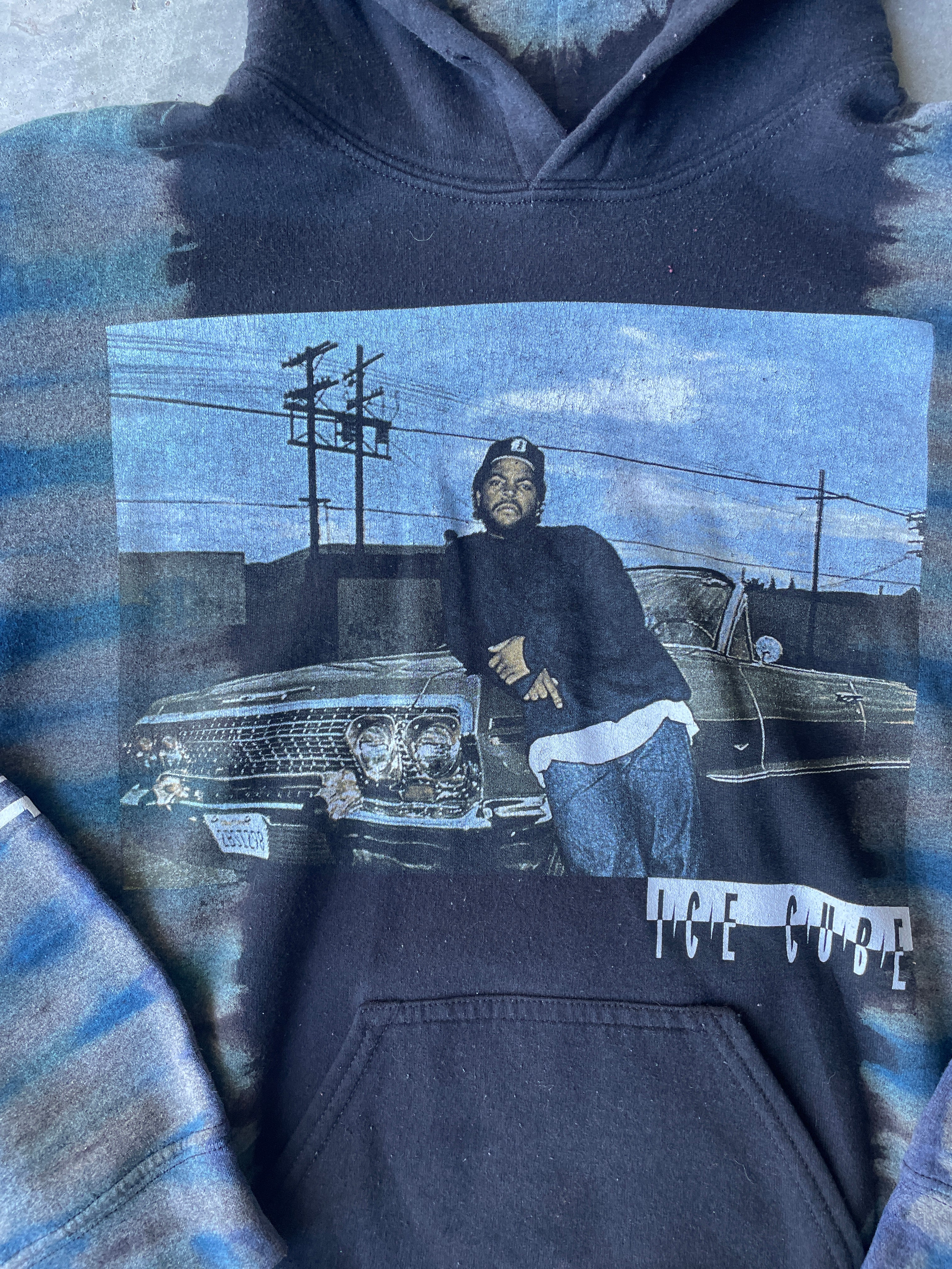 Ice Cube Reverse Tie Dye Hoodie | One-of-a-Kind Black and Blue Sweatshirt | Men's Small