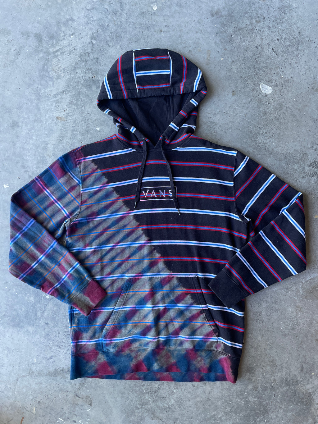 VANS Striped Reverse Tie Dye Hoodie | One-of-a-Kind Black, Red, and Blue Sweatshirt | Men's Medium