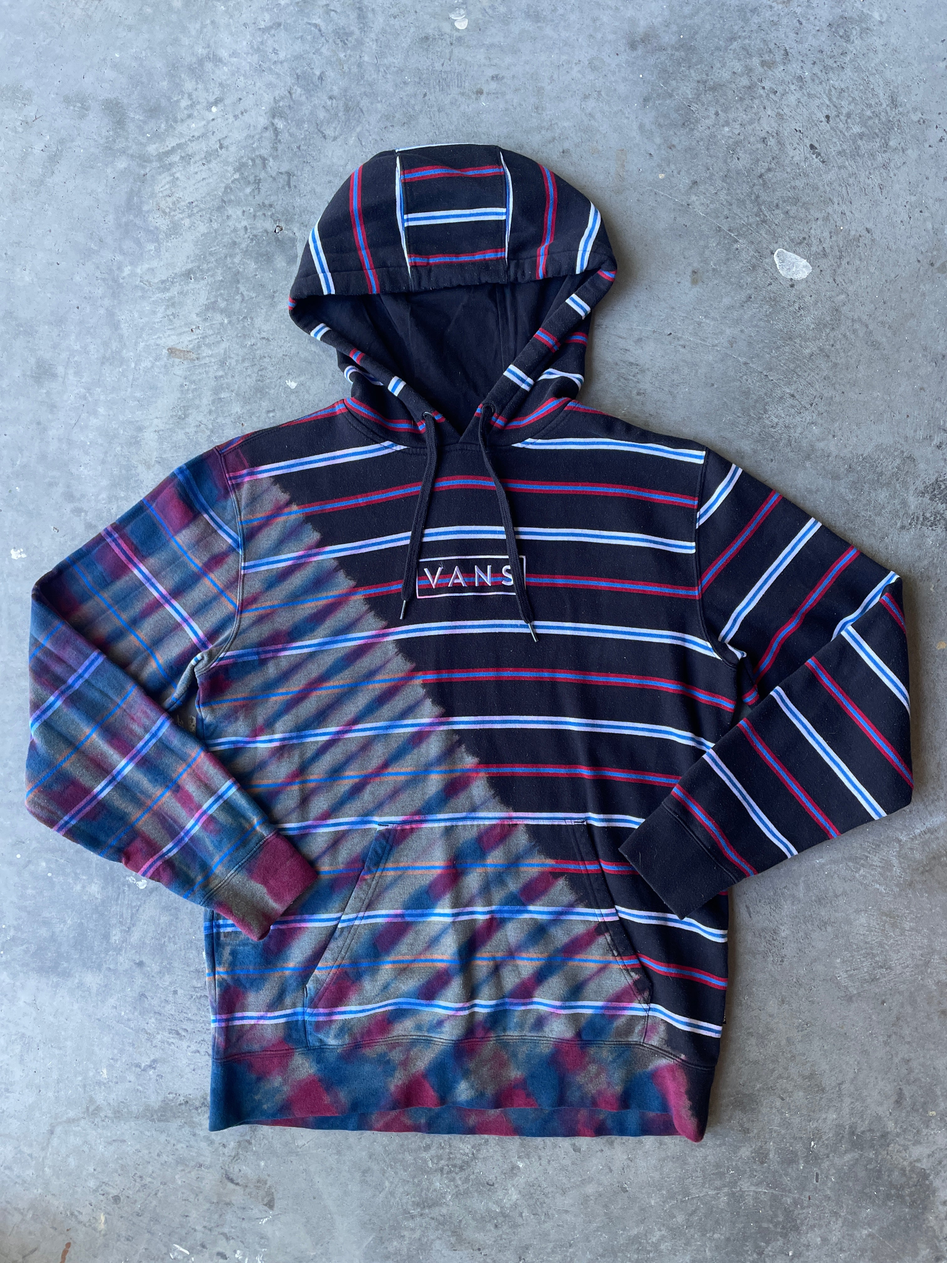 VANS Striped Reverse Tie Dye Hoodie | One-of-a-Kind Black, Red, and Blue Sweatshirt | Men's Medium