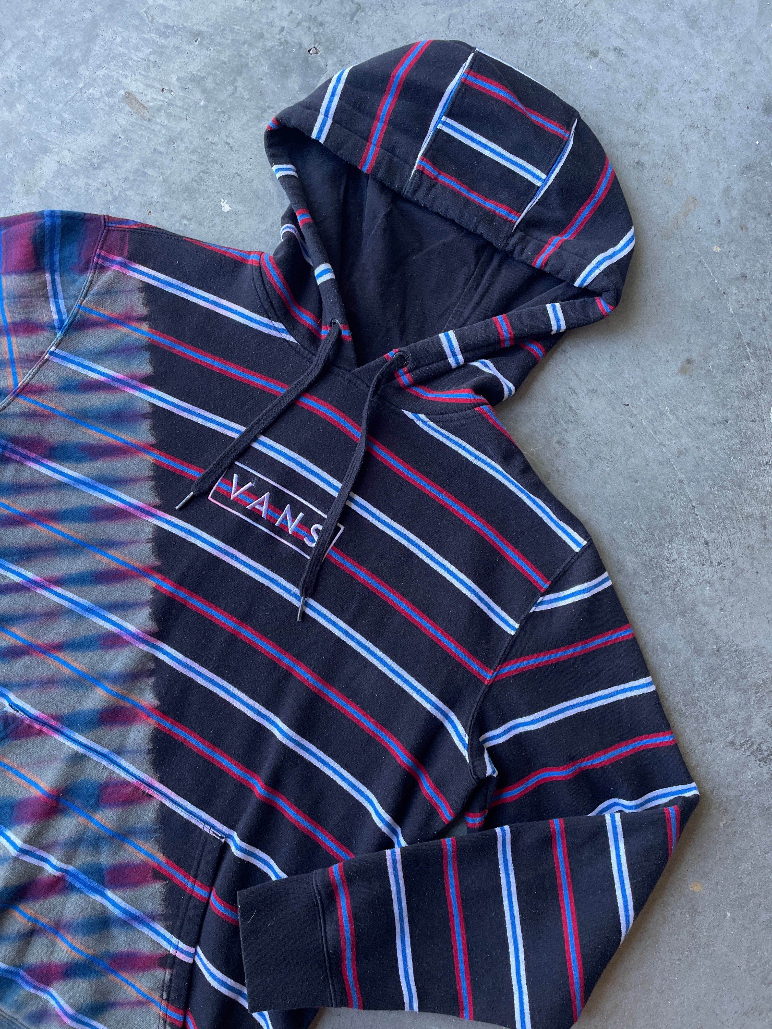 VANS Striped Reverse Tie Dye Hoodie | One-of-a-Kind Black, Red, and Blue Sweatshirt | Men's Medium