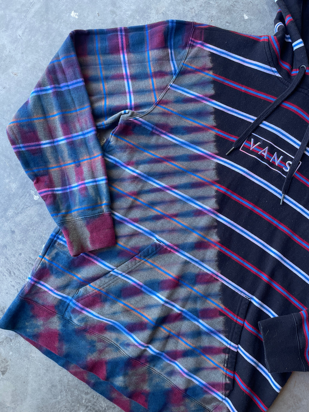 VANS Striped Reverse Tie Dye Hoodie | One-of-a-Kind Black, Red, and Blue Sweatshirt | Men's Medium