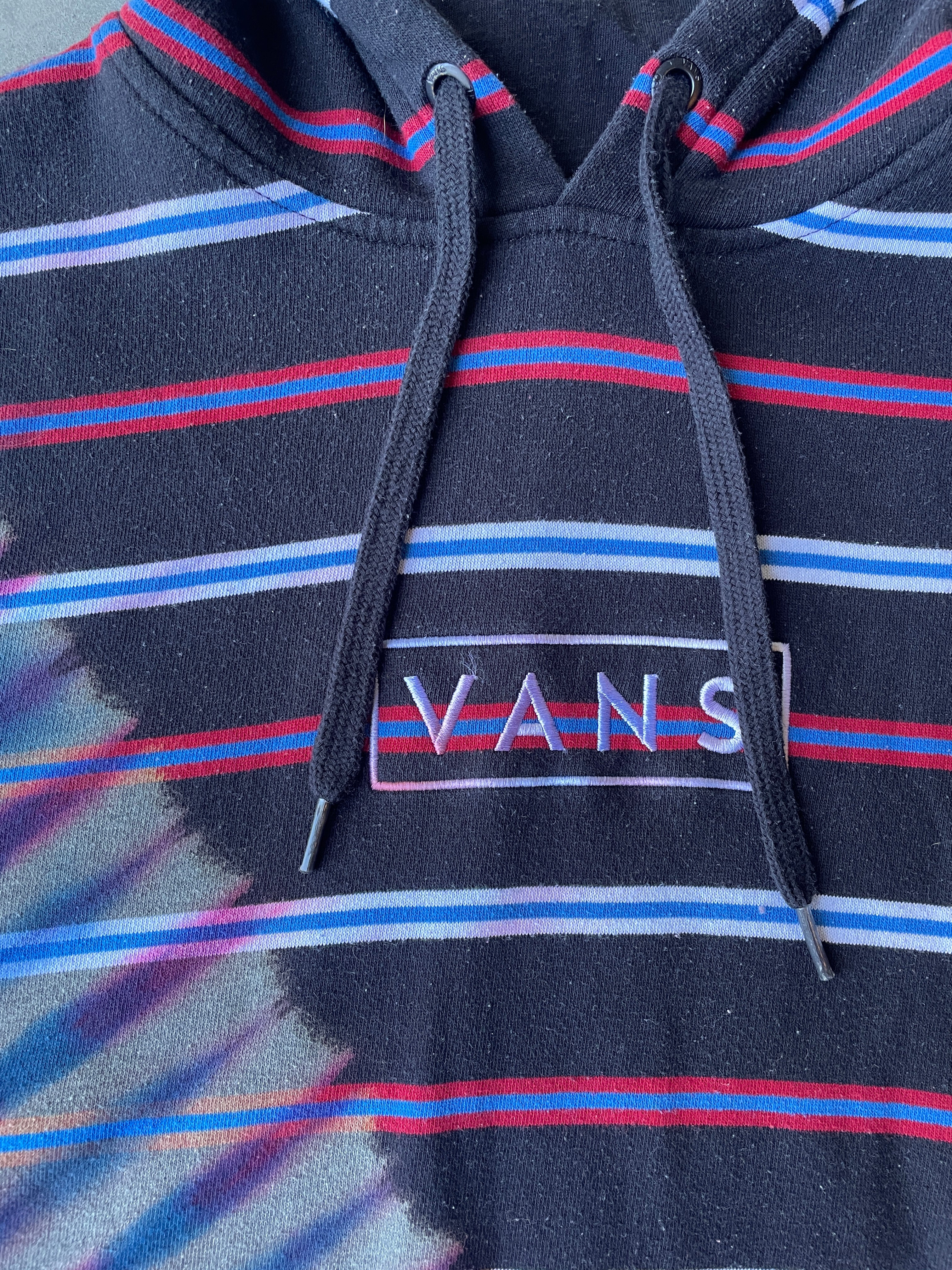 VANS Striped Reverse Tie Dye Hoodie | One-of-a-Kind Black, Red, and Blue Sweatshirt | Men's Medium