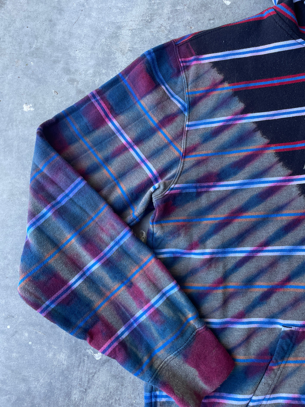 VANS Striped Reverse Tie Dye Hoodie | One-of-a-Kind Black, Red, and Blue Sweatshirt | Men's Medium