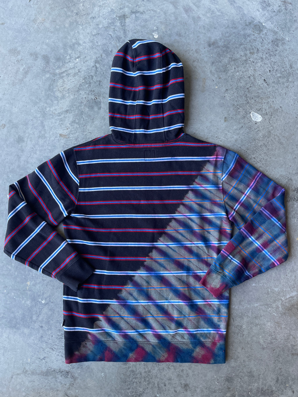 VANS Striped Reverse Tie Dye Hoodie | One-of-a-Kind Black, Red, and Blue Sweatshirt | Men's Medium