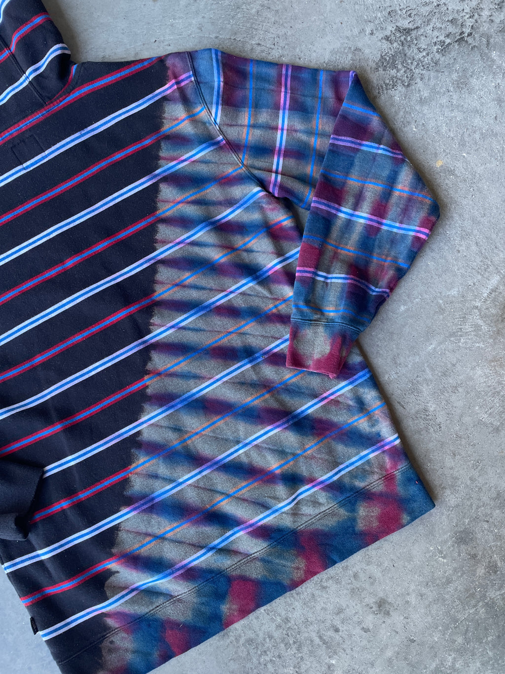 VANS Striped Reverse Tie Dye Hoodie | One-of-a-Kind Black, Red, and Blue Sweatshirt | Men's Medium