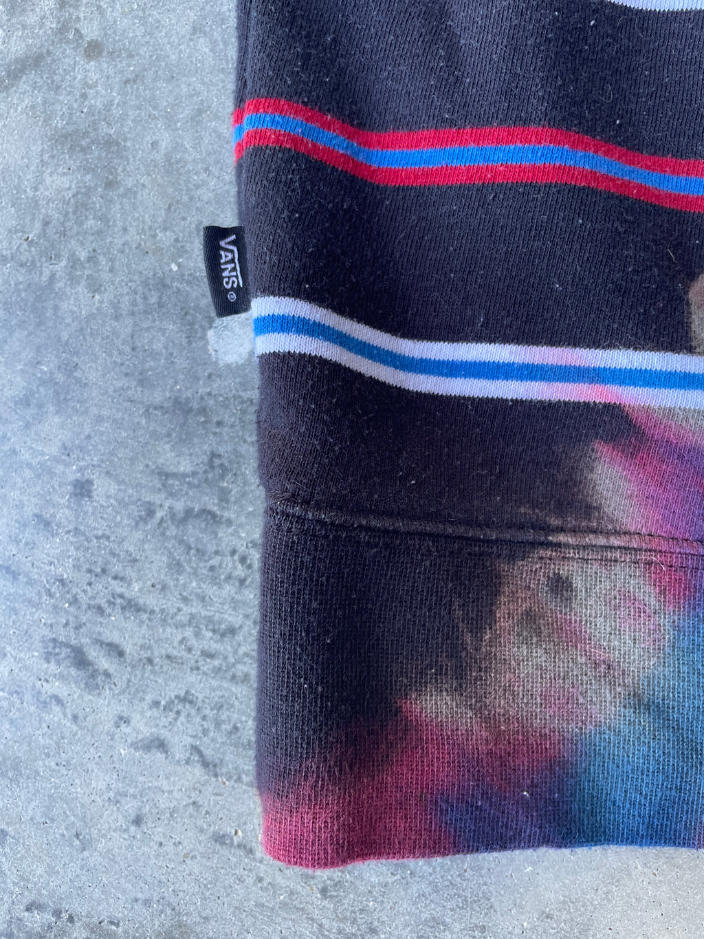 VANS Striped Reverse Tie Dye Hoodie | One-of-a-Kind Black, Red, and Blue Sweatshirt | Men's Medium