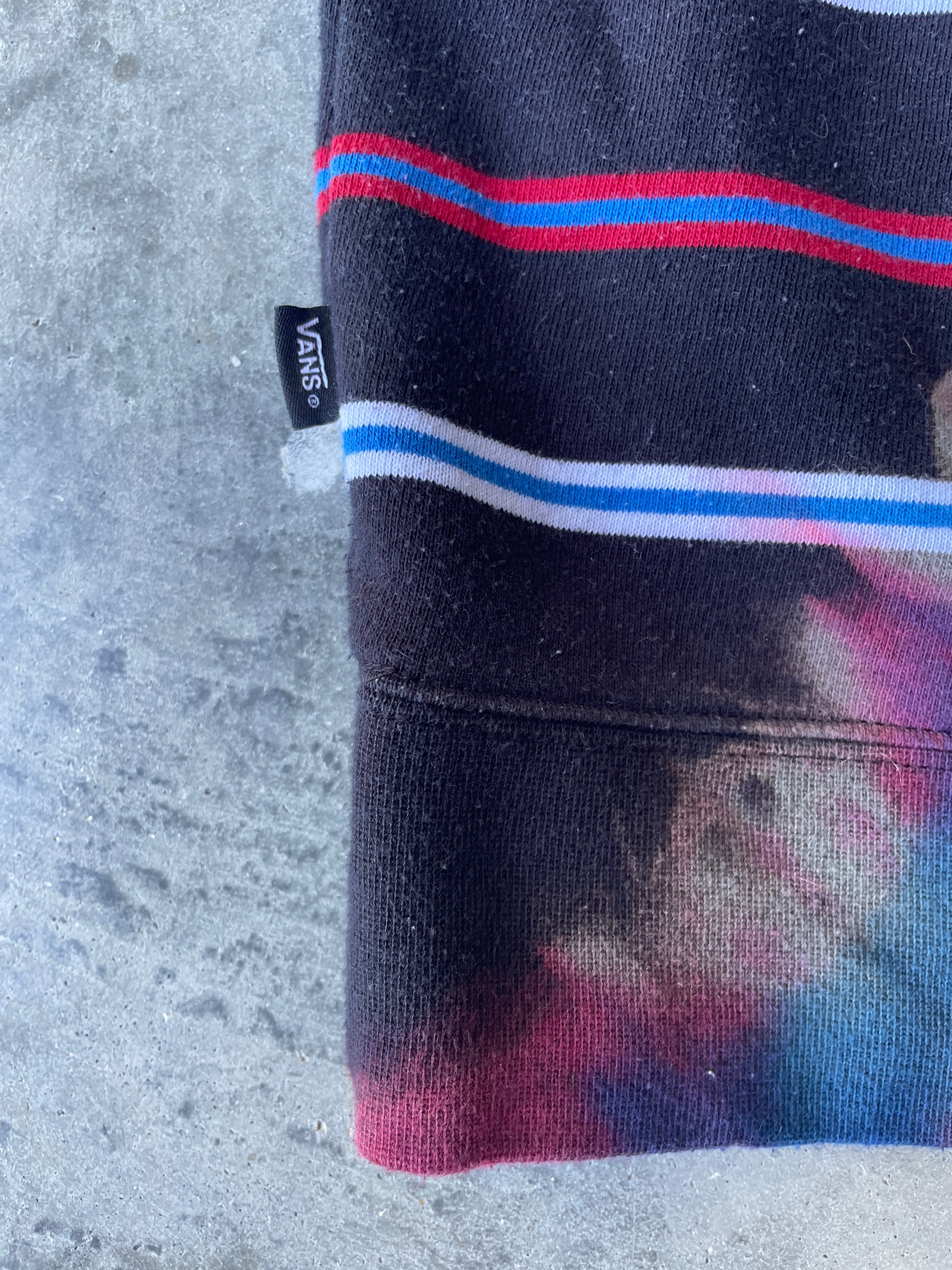 VANS Striped Reverse Tie Dye Hoodie | One-of-a-Kind Black, Red, and Blue Sweatshirt | Men's Medium