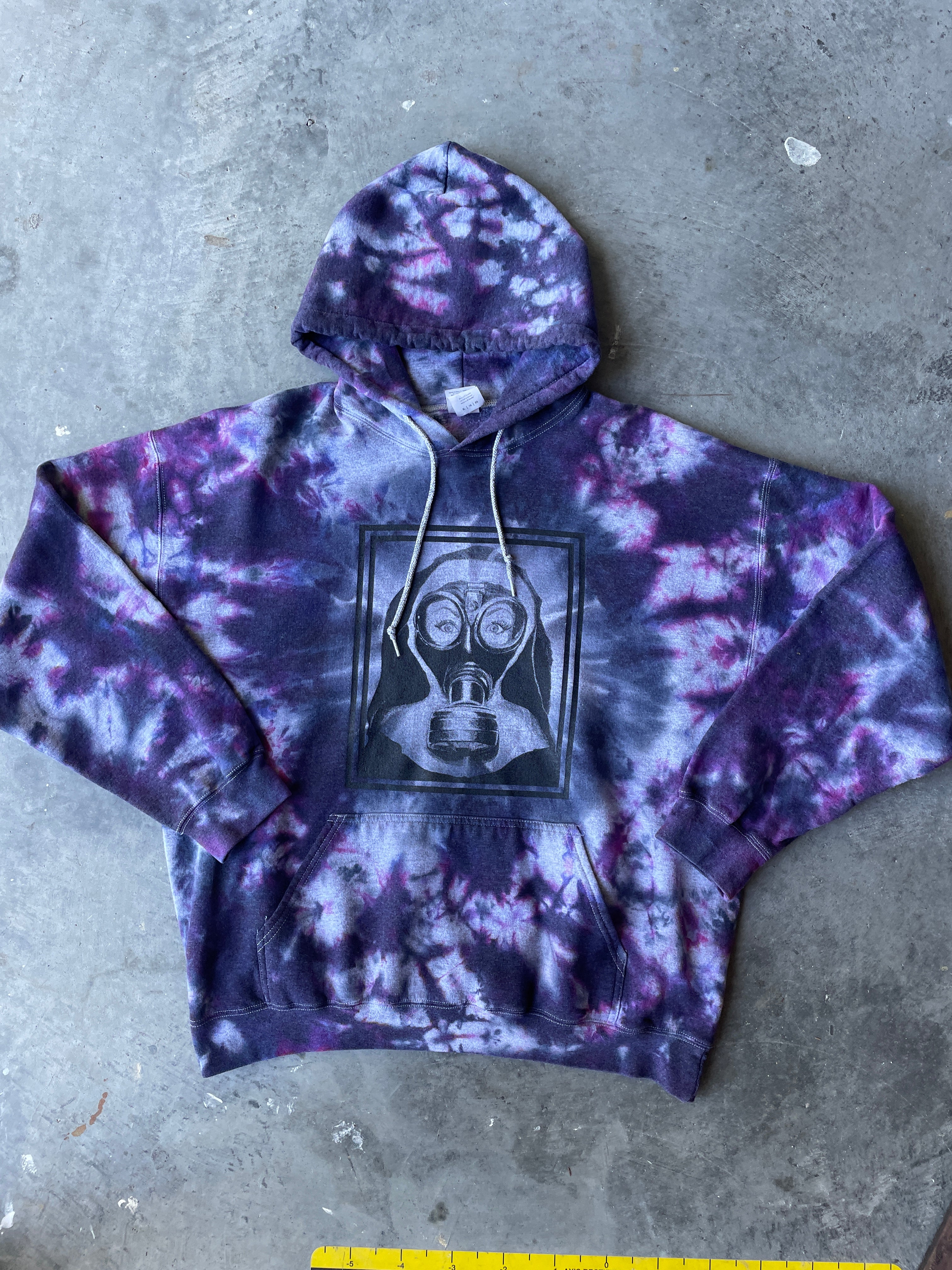 Nun Wearing Gas Mask Tie Dye Hoodie | One-of-a-Kind Black and Purple Sweatshirt | Men's XL