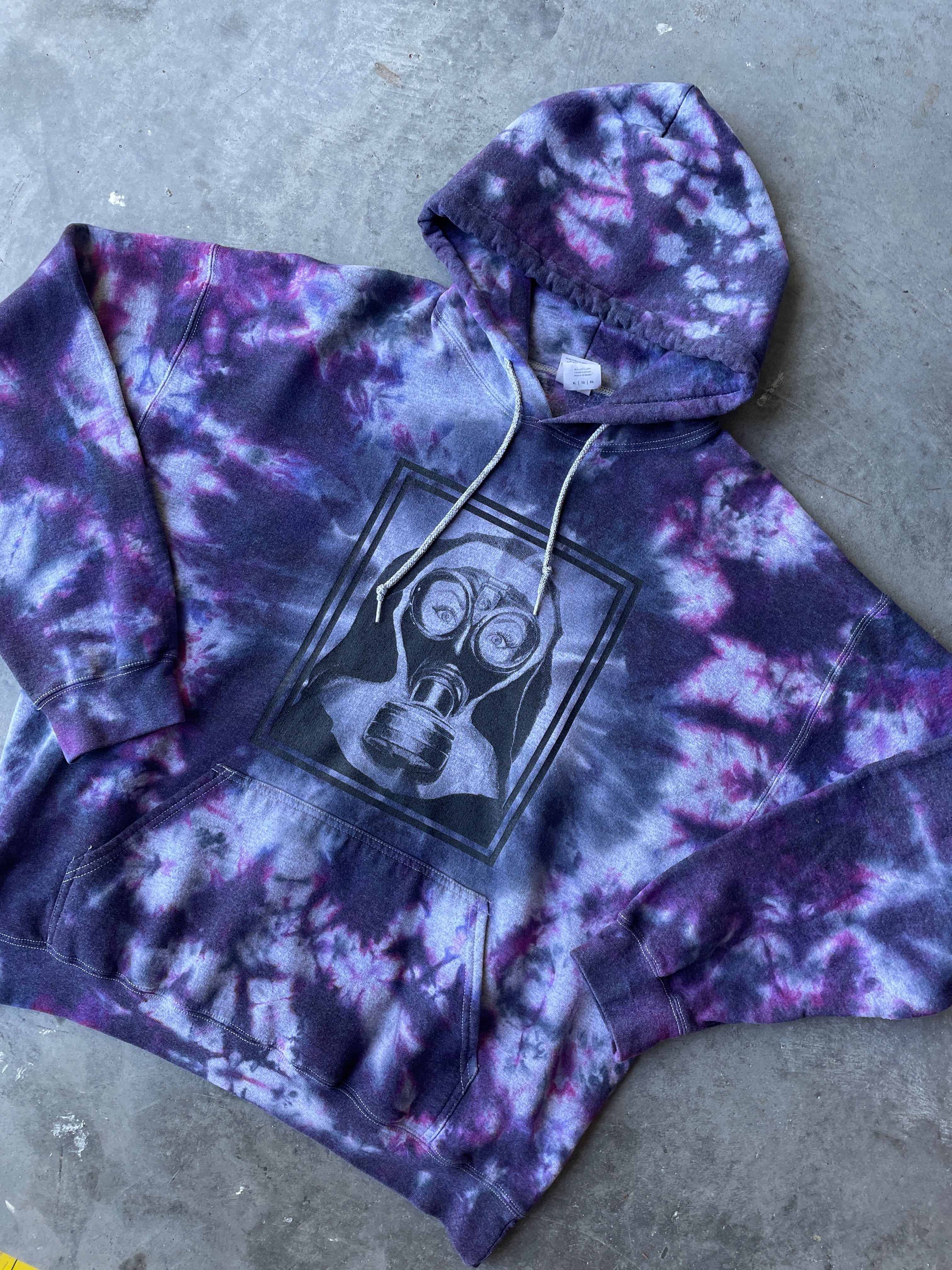 Nun Wearing Gas Mask Tie Dye Hoodie | One-of-a-Kind Black and Purple Sweatshirt | Men's XL