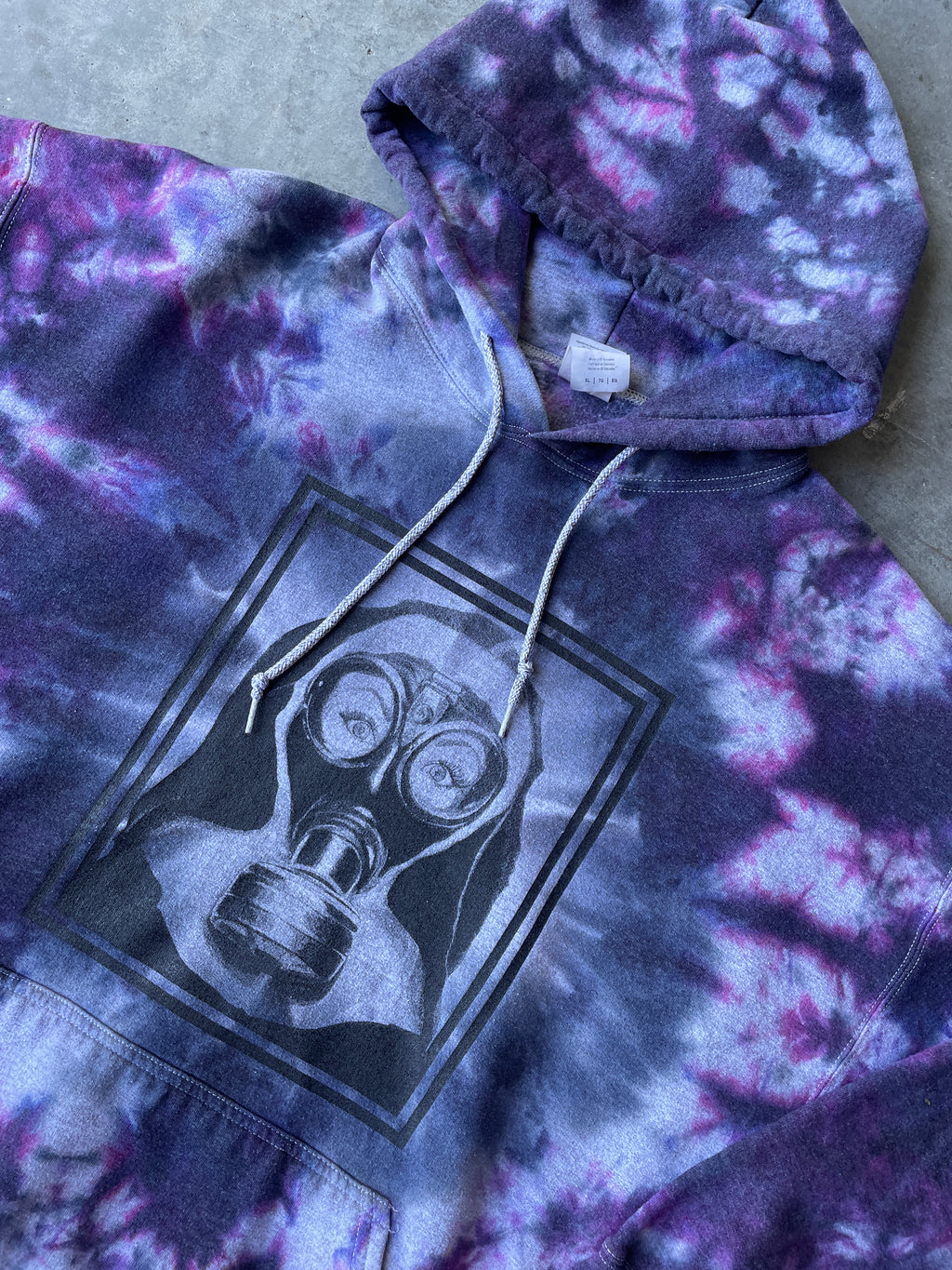 Nun Wearing Gas Mask Tie Dye Hoodie | One-of-a-Kind Black and Purple Sweatshirt | Men's XL