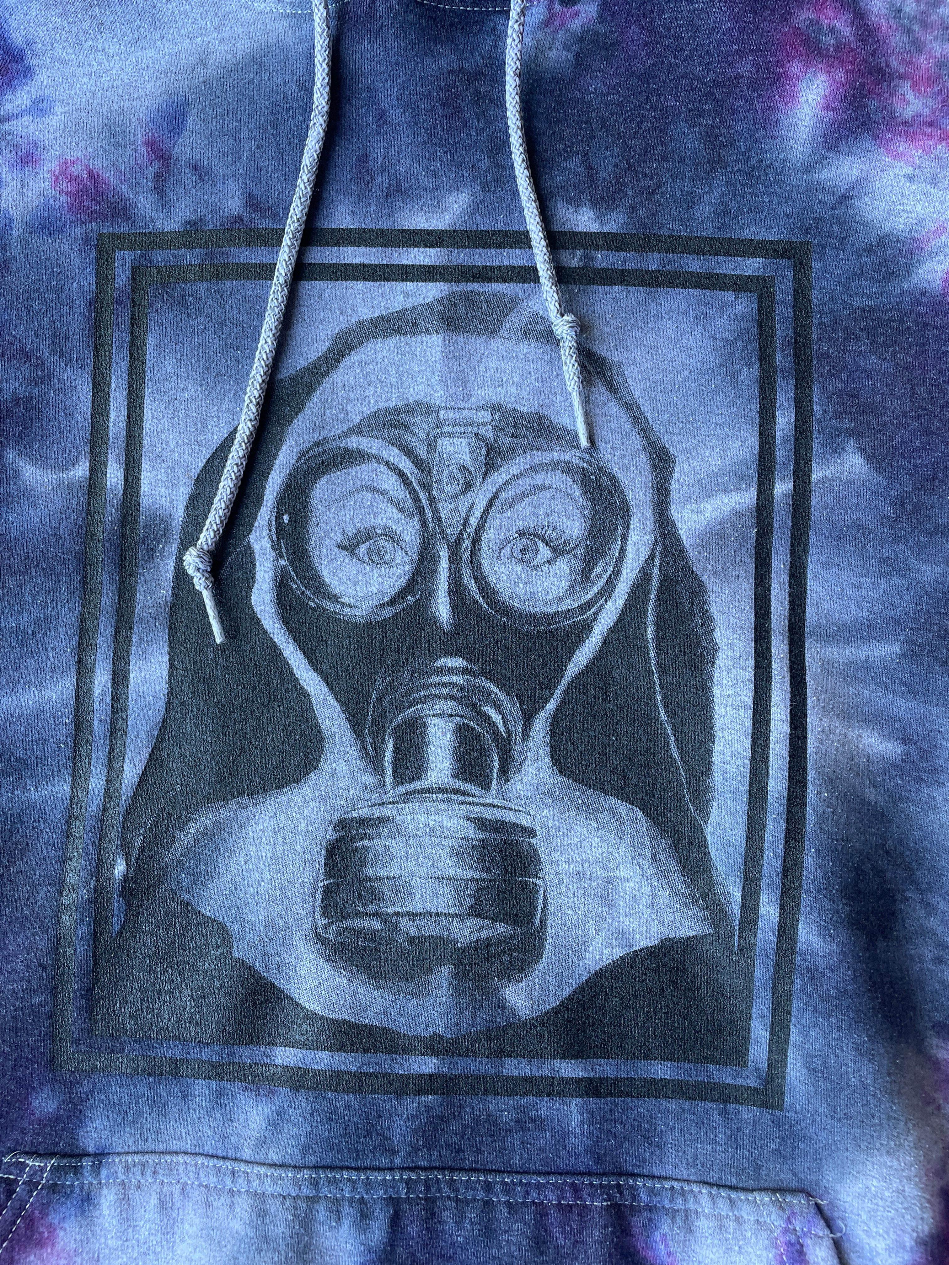 Nun Wearing Gas Mask Tie Dye Hoodie | One-of-a-Kind Black and Purple Sweatshirt | Men's XL